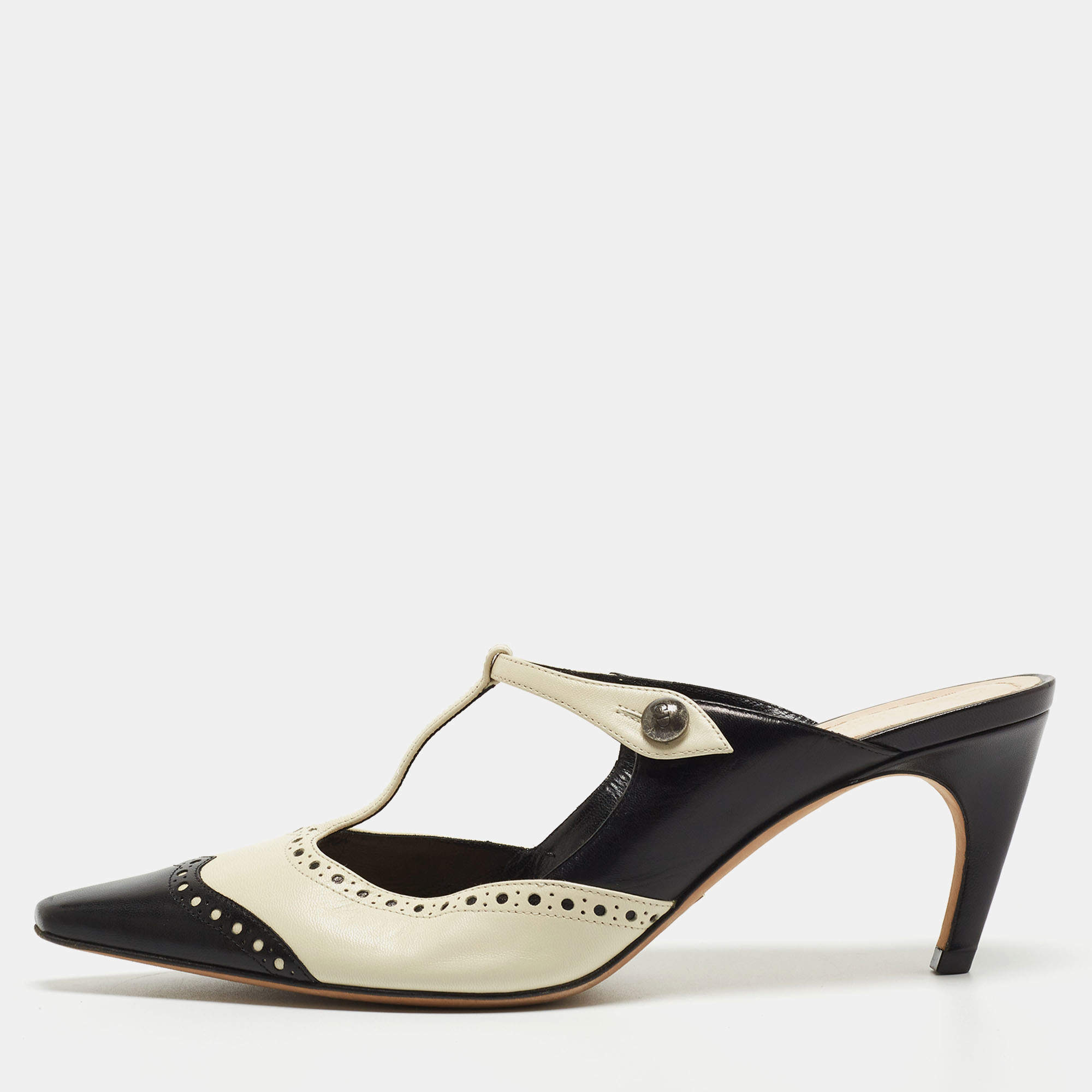 Dior Black/Cream Brogue Leather Mules Size 39