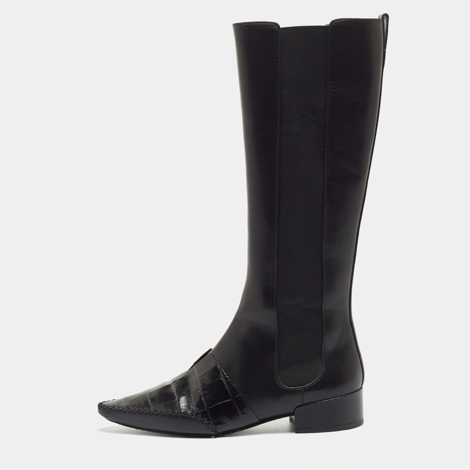 Pre Owned Dior Black Leather Croc Embossed and Leather Knee Length Boots Size 40