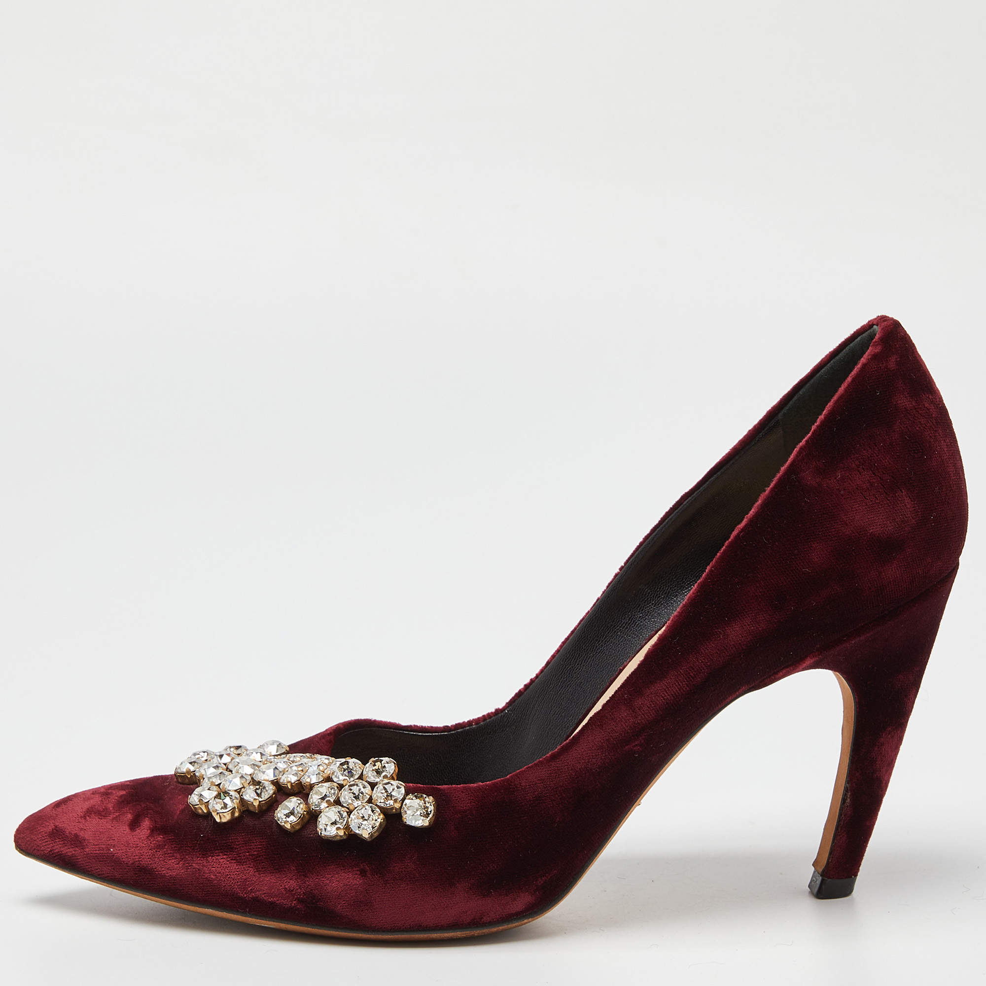 Pre Owned Dior Burgundy Velvet Crystal Embellished Pointed Toe Pumps Size 39.5