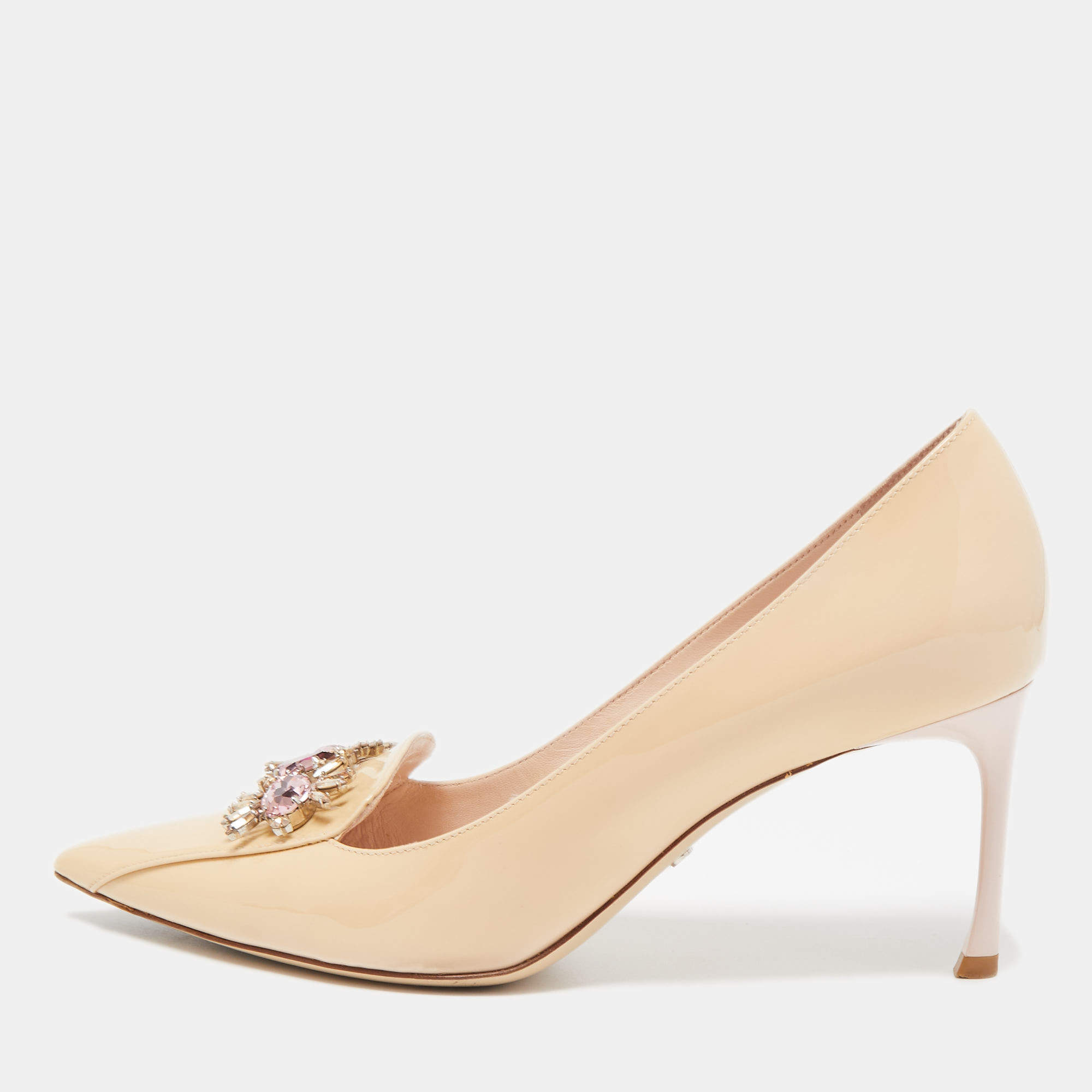 Pre Owned Dior Beige Patent Leather Dianeme Crystal Embellished Pumps Size 38.5