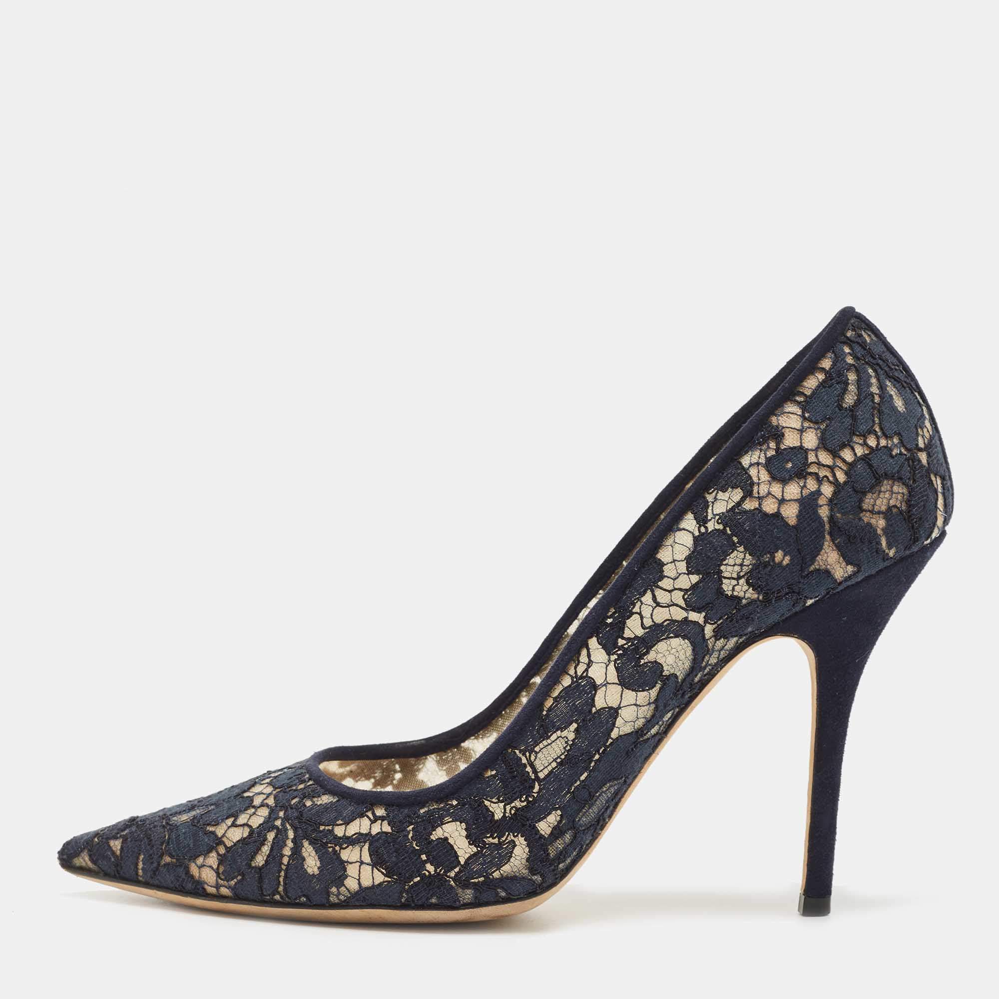 Dior Navy Blue Lace Pointed Toe Pumps Size 38