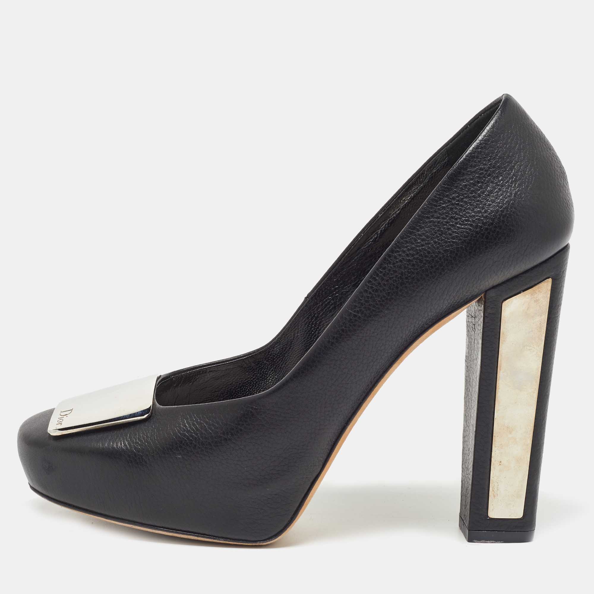 Pre Owned Dior Black Leather Metal Plate Block Heel Pumps Size 39.5