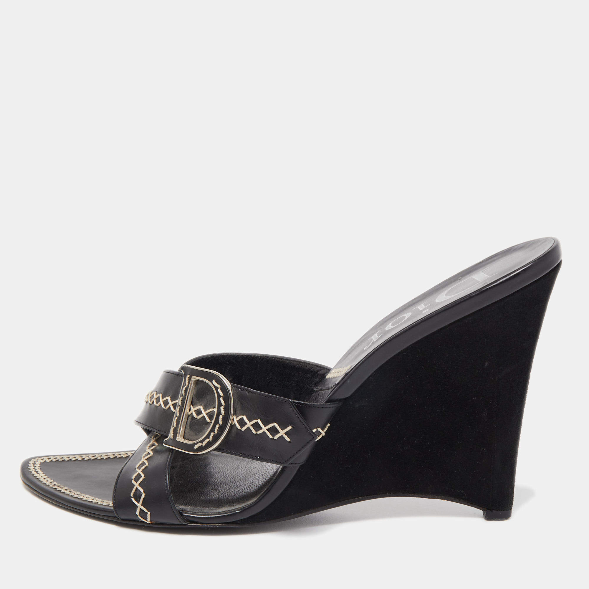 Dior Black Leather and Suede Wedge Sandals Size 41