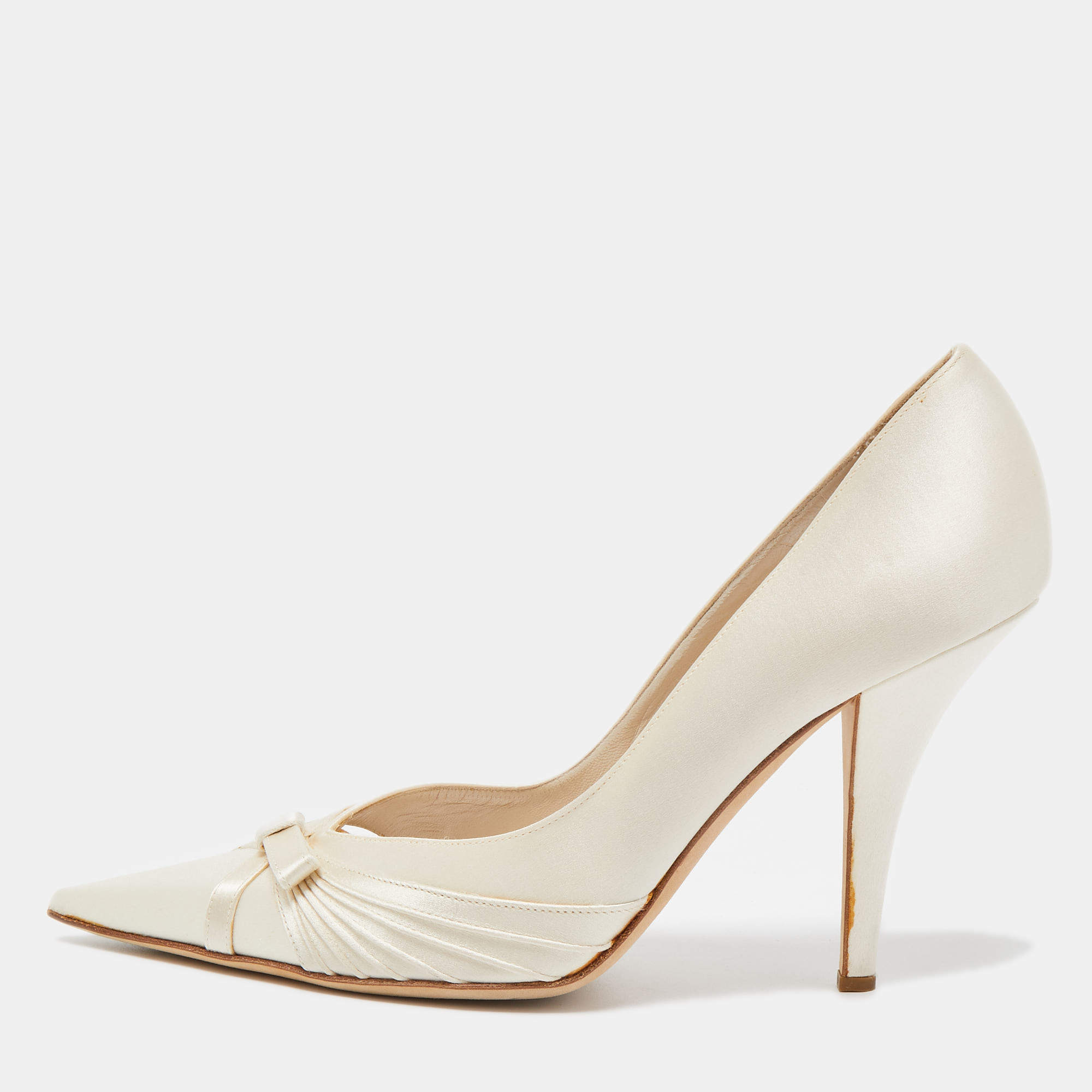Pre Owned Dior Off White Satin Bow Pointed Toe Pumps Size 39.5