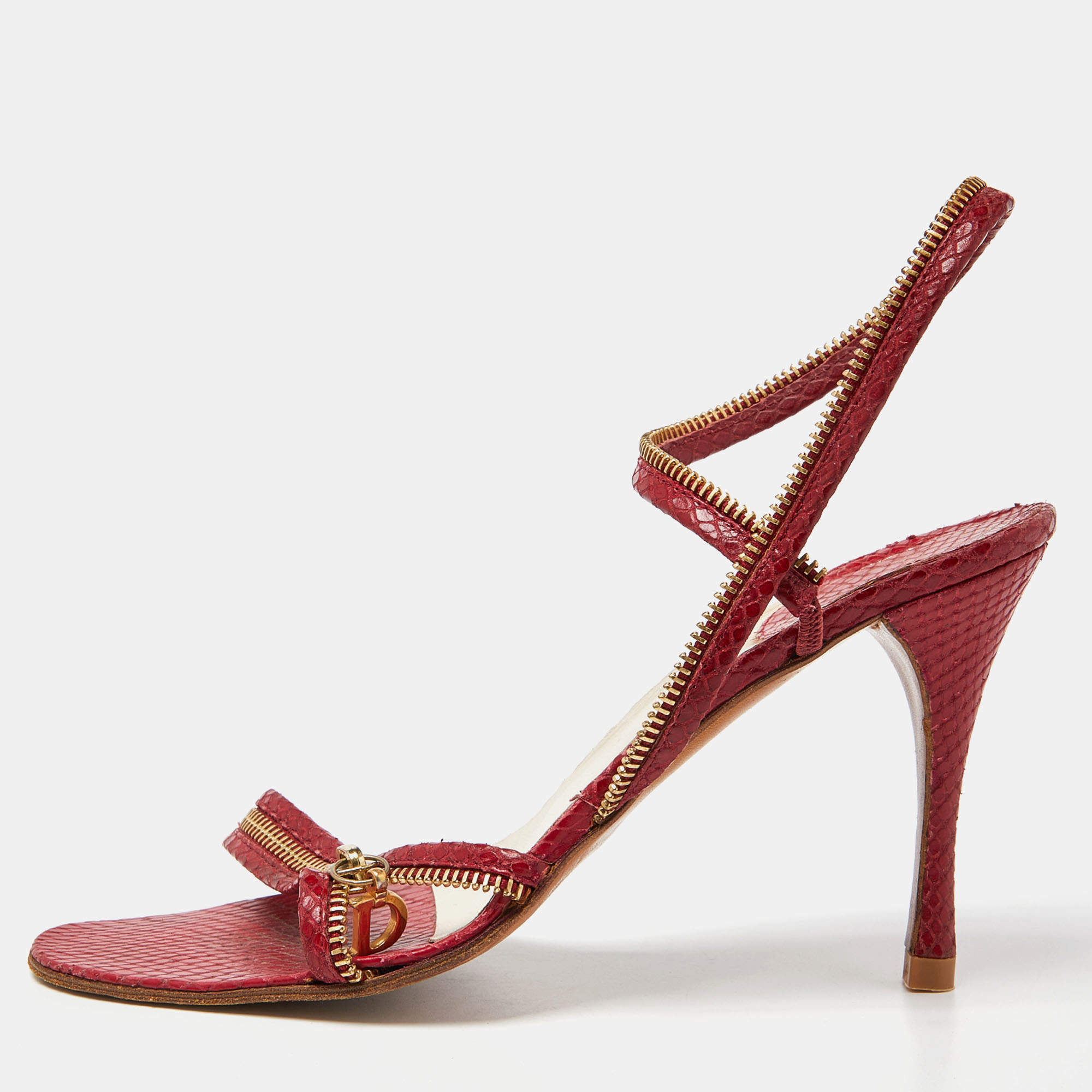 Dior Red Python Embossed Leather Chain Ankle Strap Sandals Size 39.5