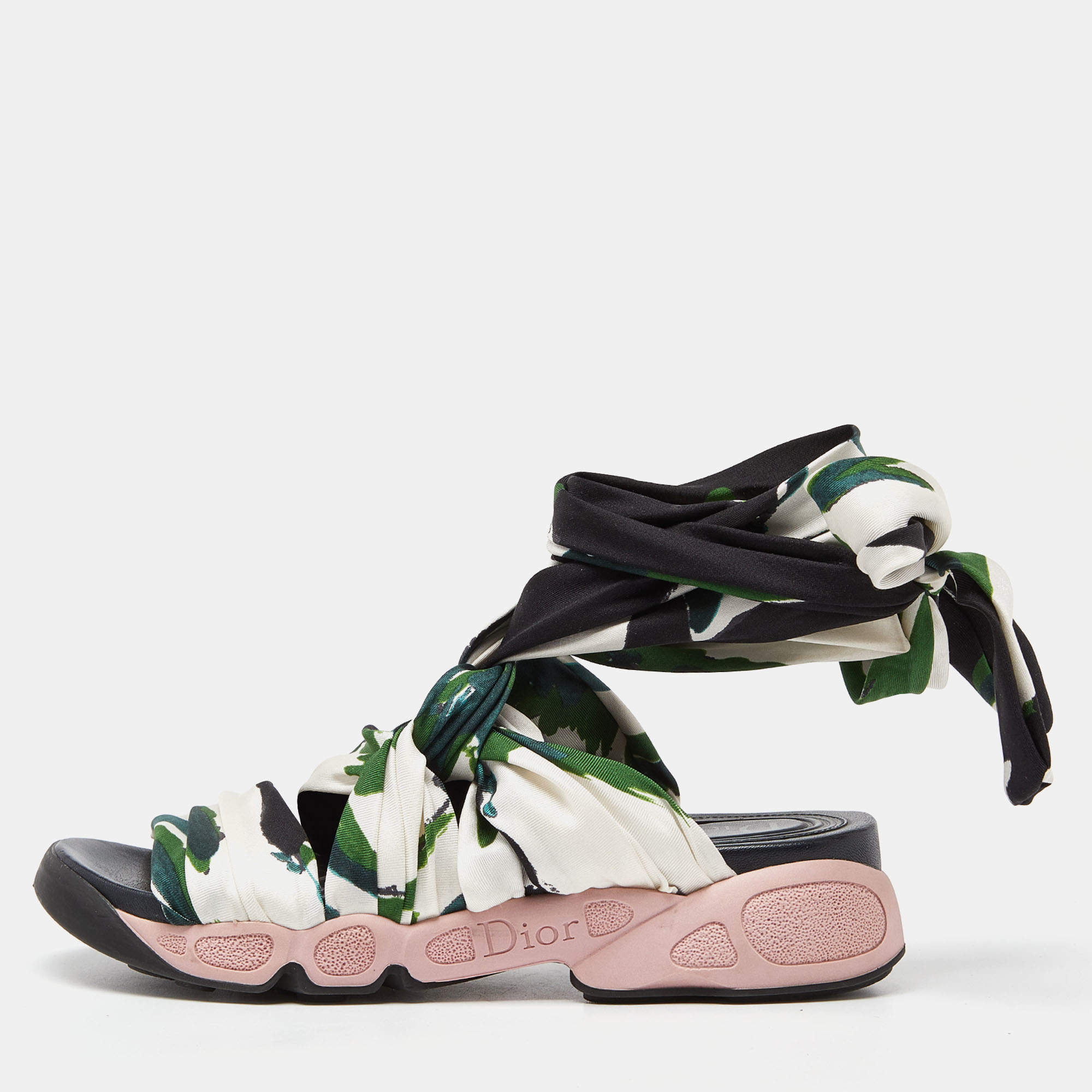Dior Multicolor Printed Satin Brooklyn Wrap Around Sandals Size 36