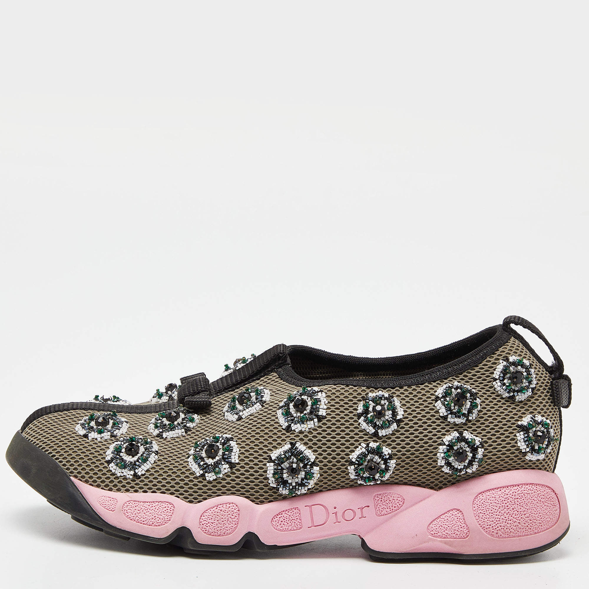 Pre Owned Dior Grey Embellished Mesh Fusion Sneakers Size 34.5