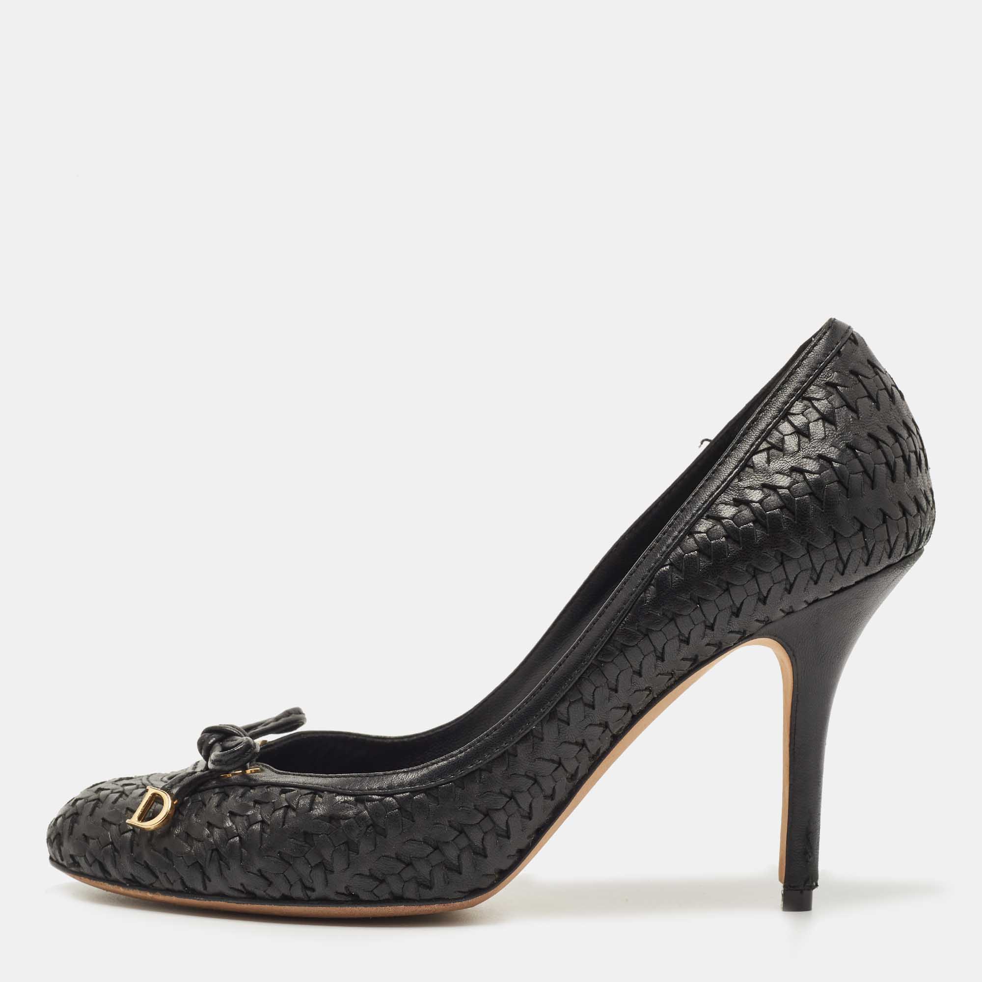 Dior Black Woven Leather CD Charm Bow Pumps Size 38.5