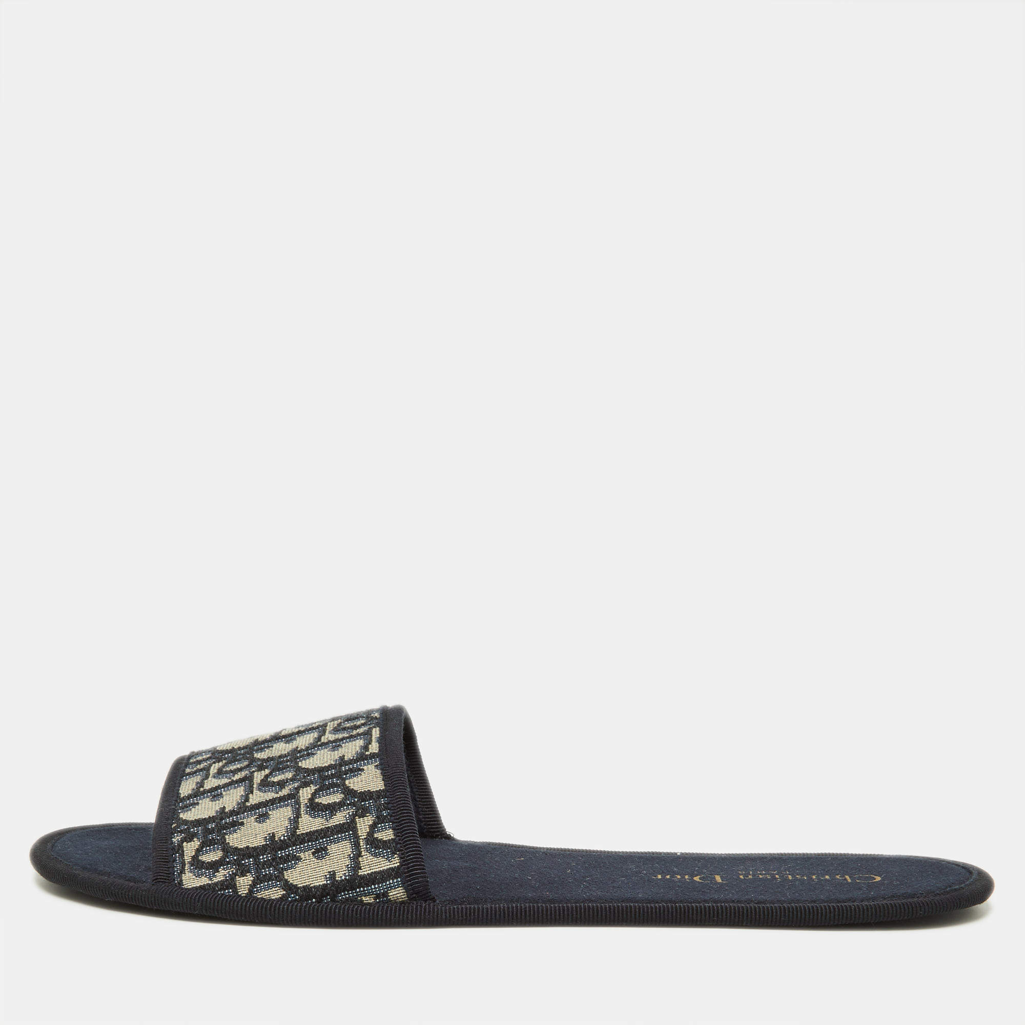 Dior Blue/Beige Fabric Oblique Chez Moi Flat Slide Sandals 41