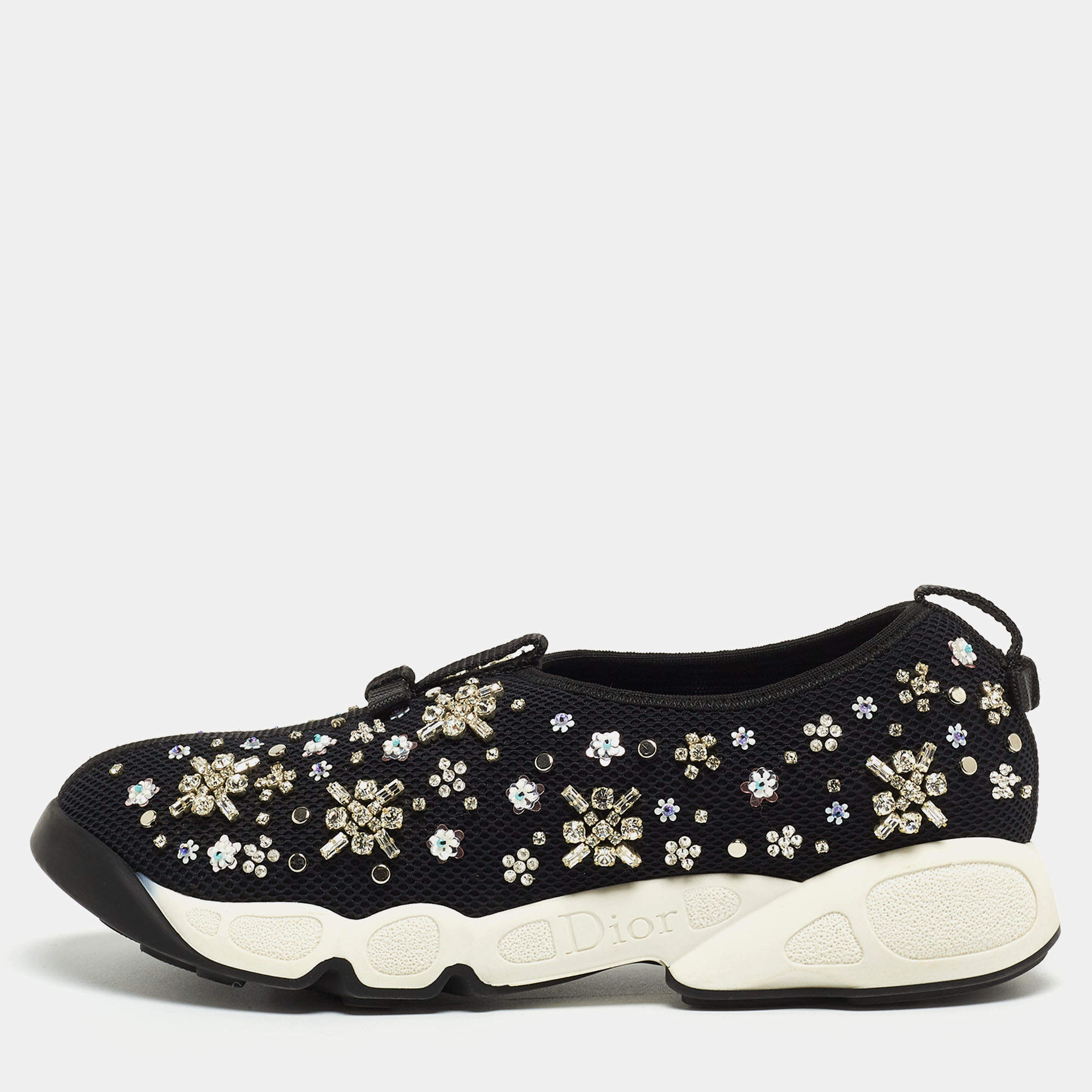 Pre Owned Dior Black Mesh Fusion Crystal Embellished Low Top Sneakers Size 38