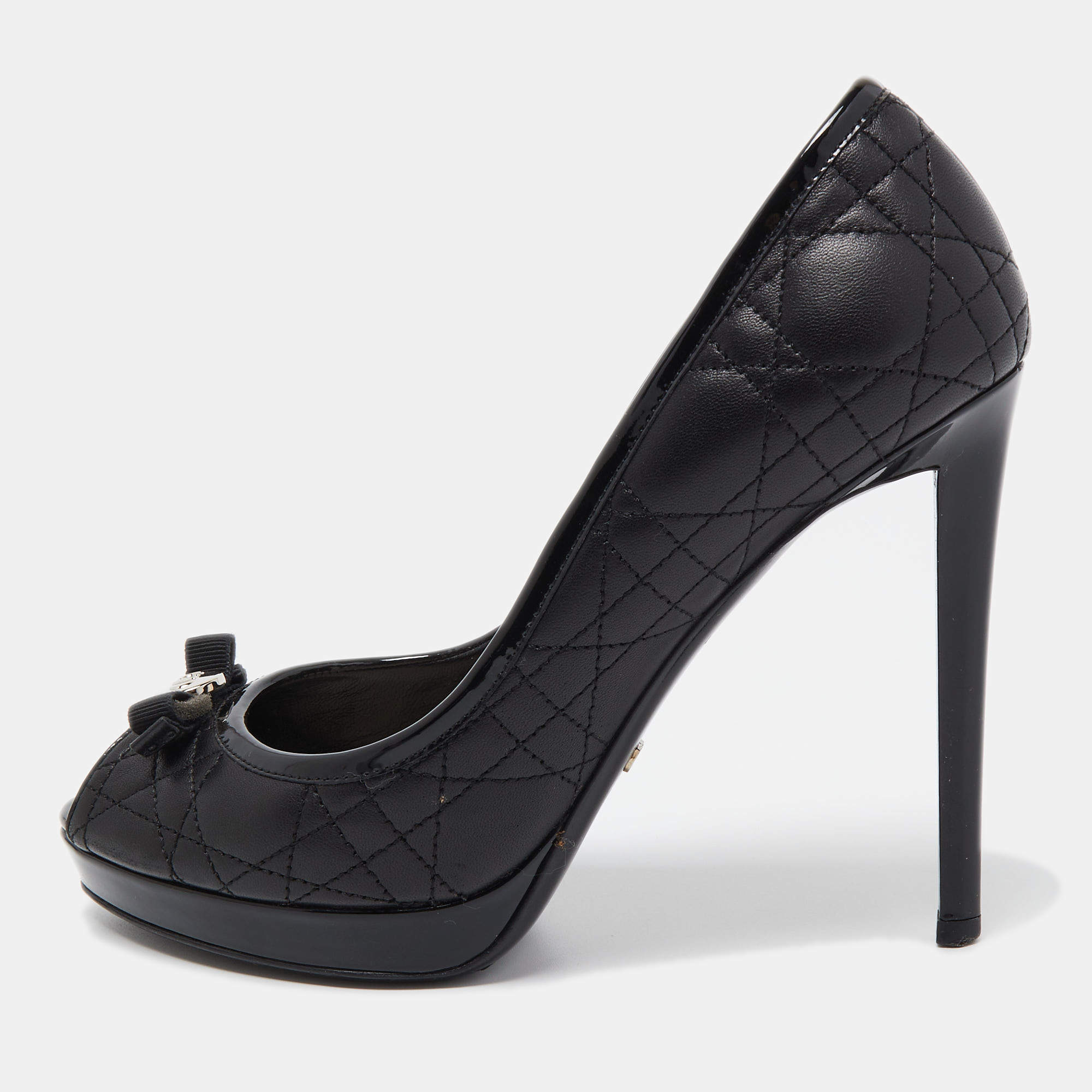 Dior Black Quilted Leather Bow Peep Toe Platform Pumps Size 39