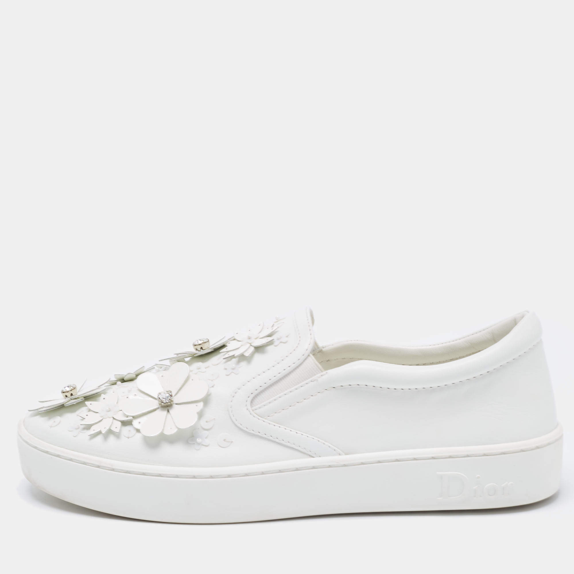 Pre Owned Dior White Leather Floral Crystal Embellished Slip On Sneakers Size 37