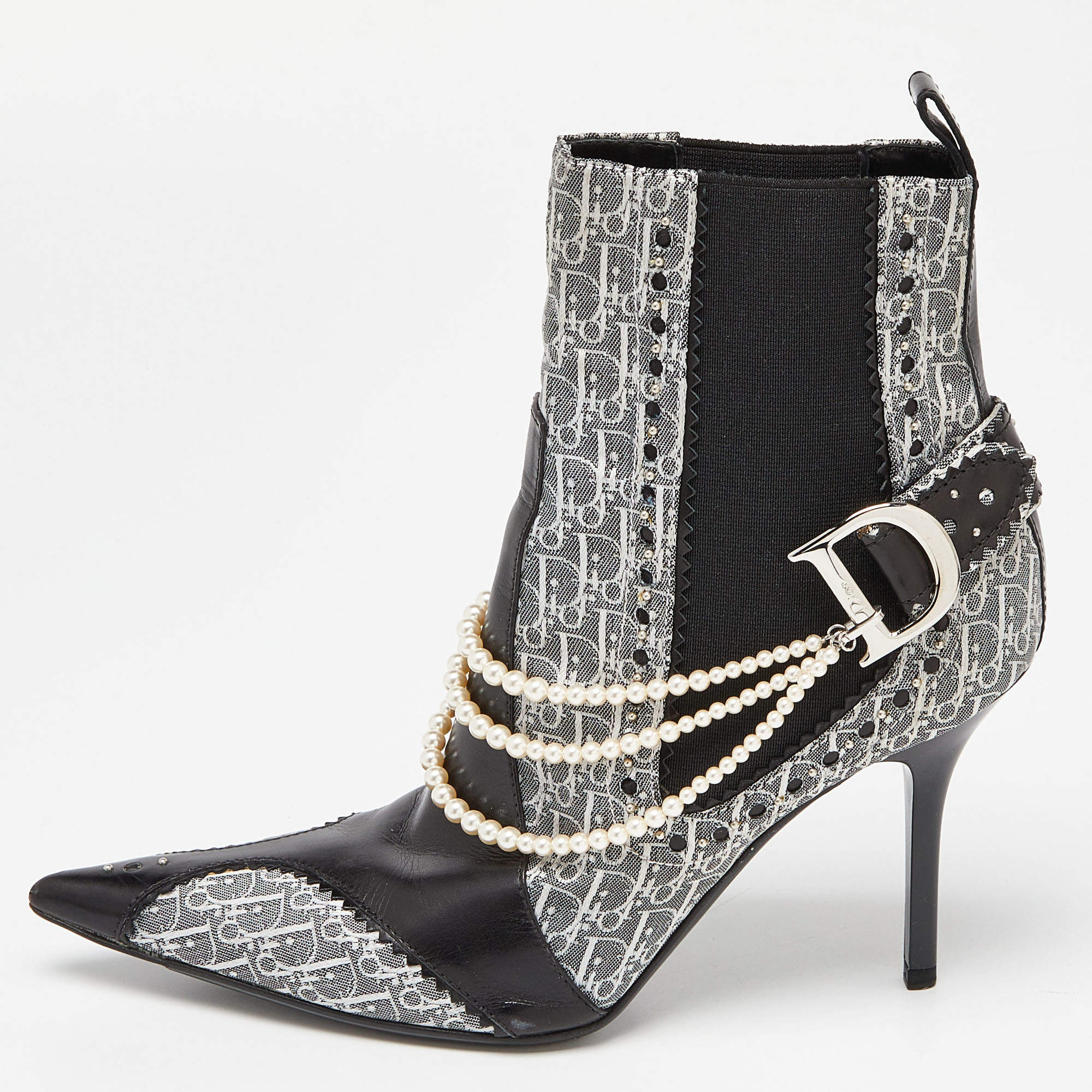 Dior Black/Grey Oblique Canvas and Leather Pearl Embellishment Ankle Boots Size 36.5