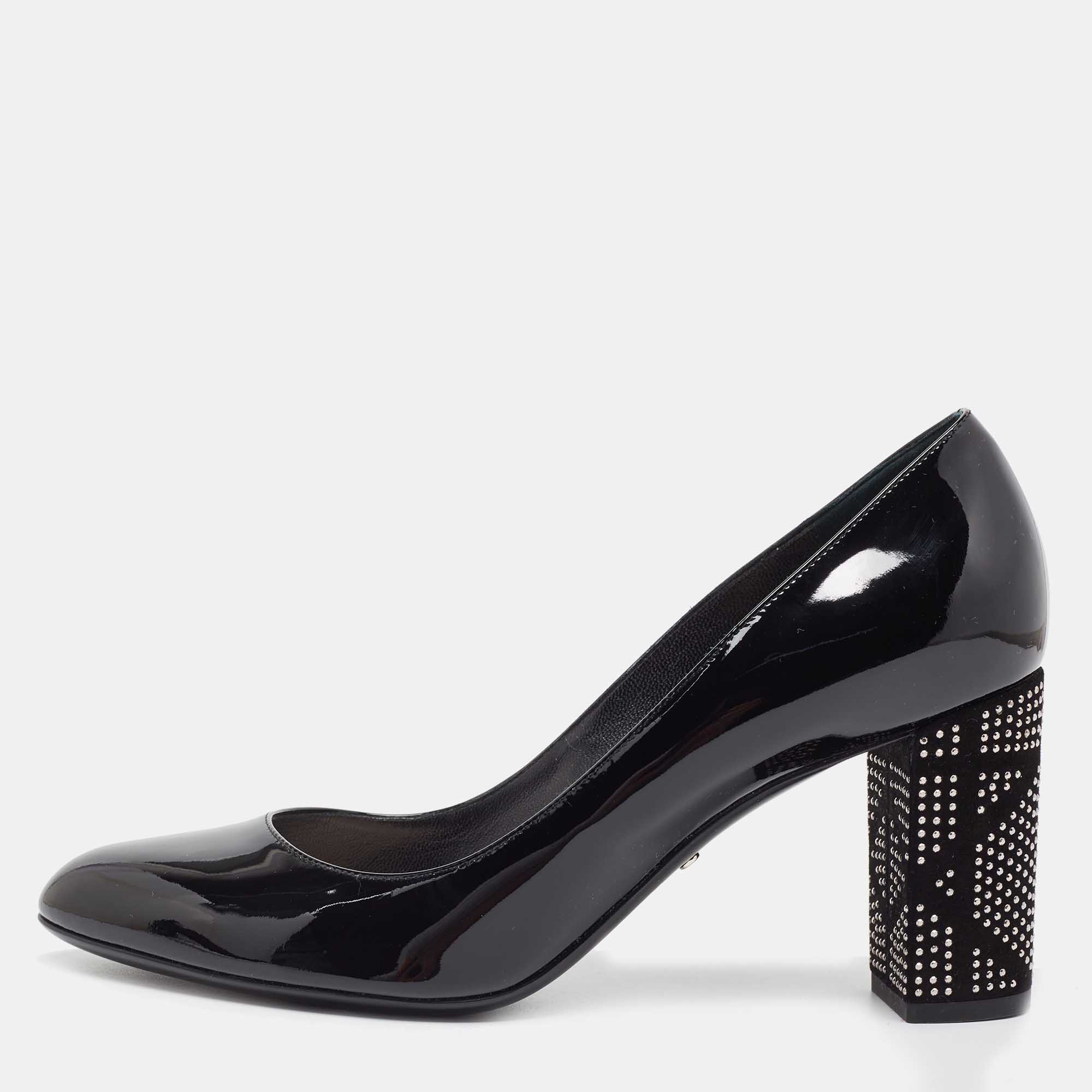Dior Black Patent Leather Embellished Block Heel Pumps Size 41