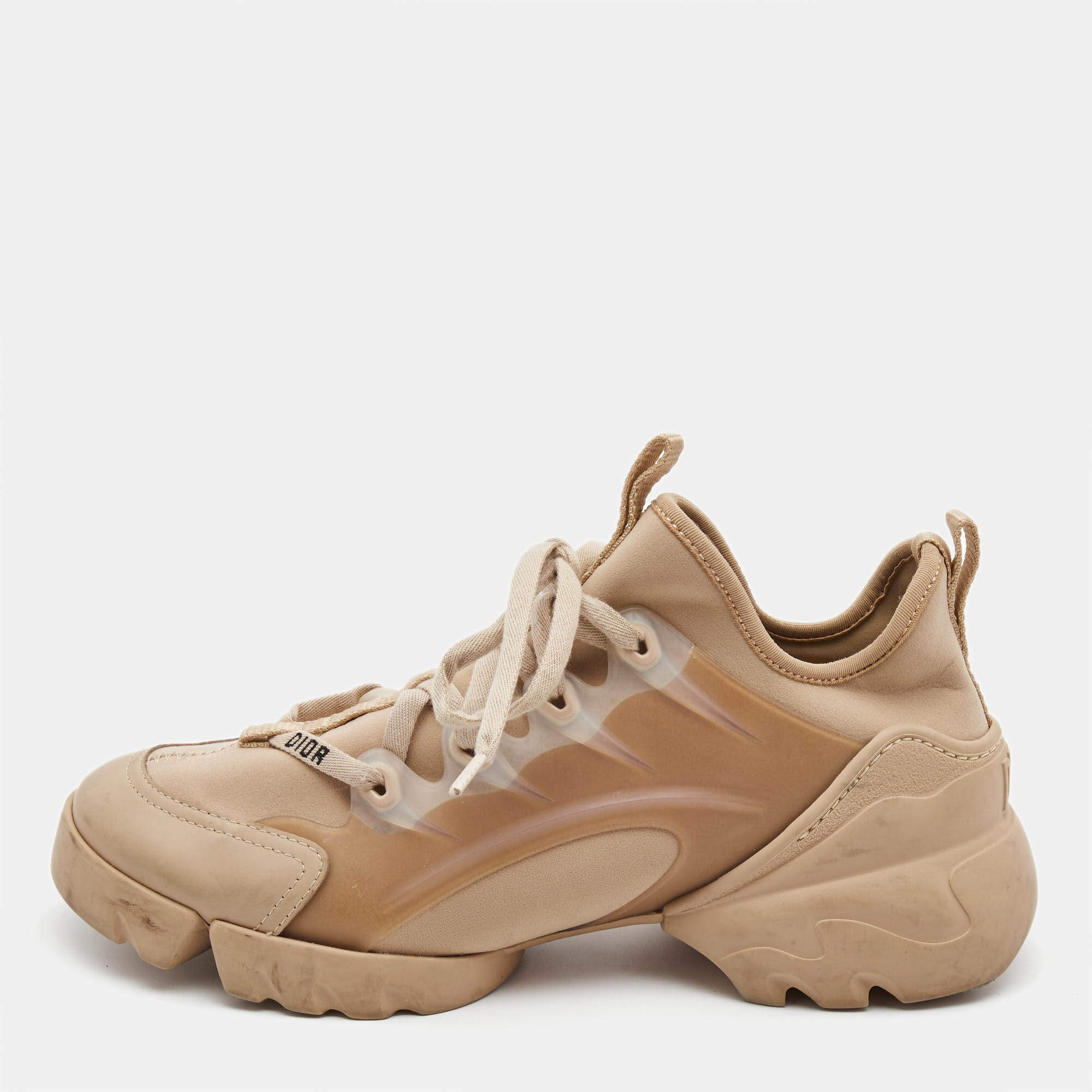 Pre Owned Dior Beige Nylon and Leather D-Connect Lace Up Sneakers Size 37.5