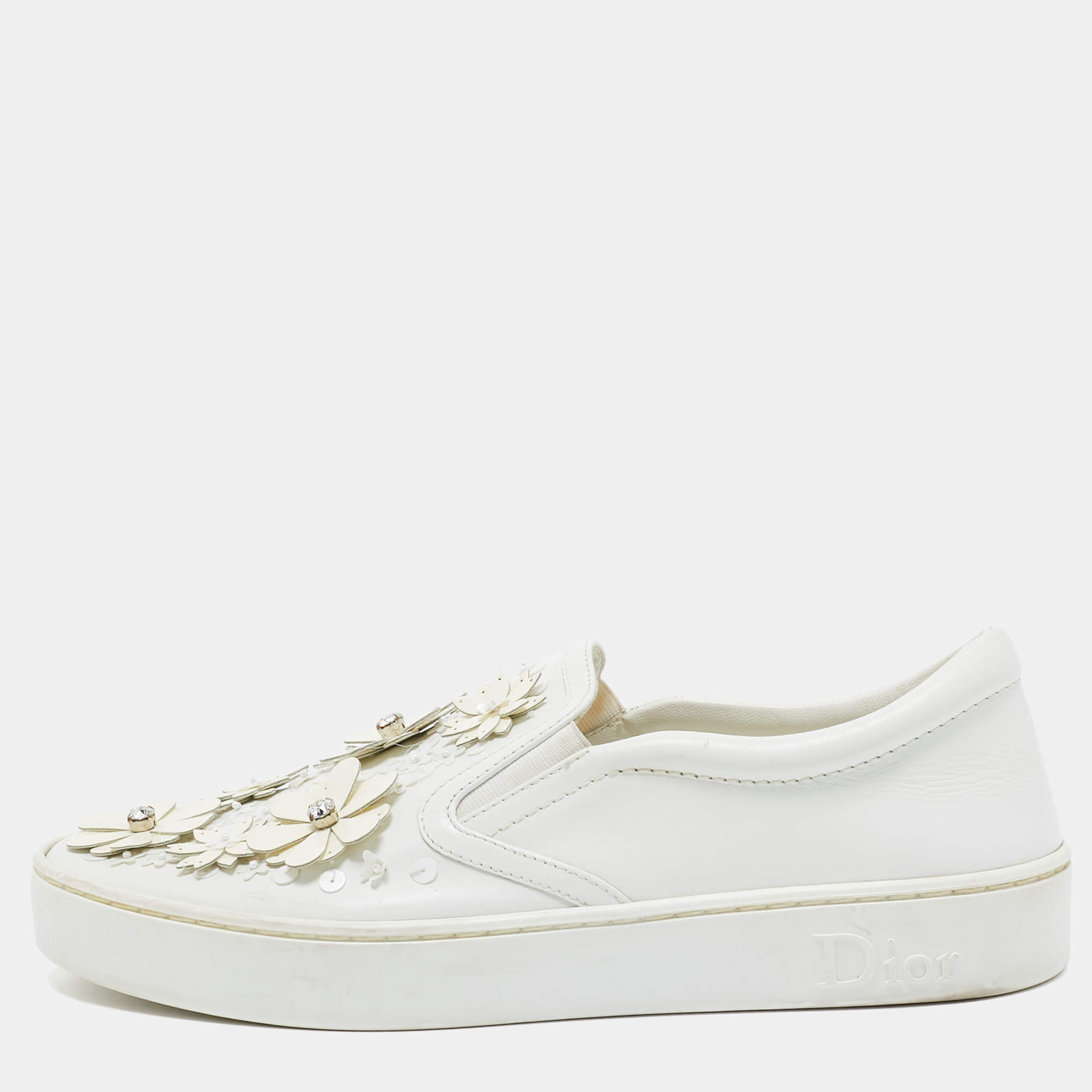 Pre Owned Dior White Leather Daisy Flower Embellished Slip On Sneakers Size 37.5