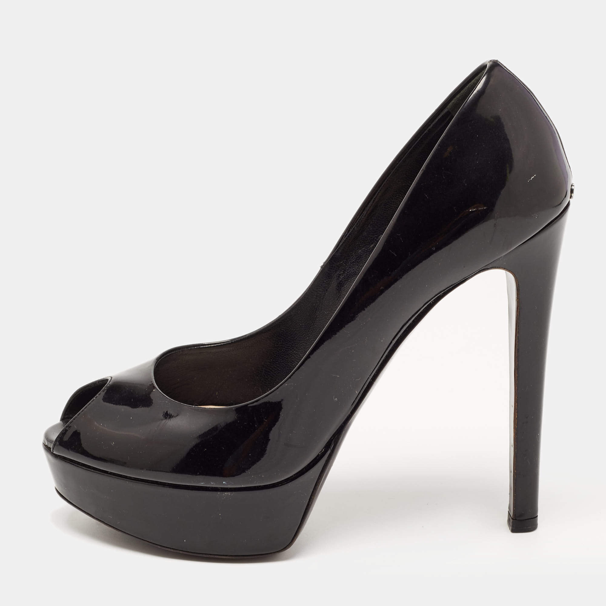 Pre Owned Dior Black Patent Leather Peep Toe Platform Pumps Size 38
