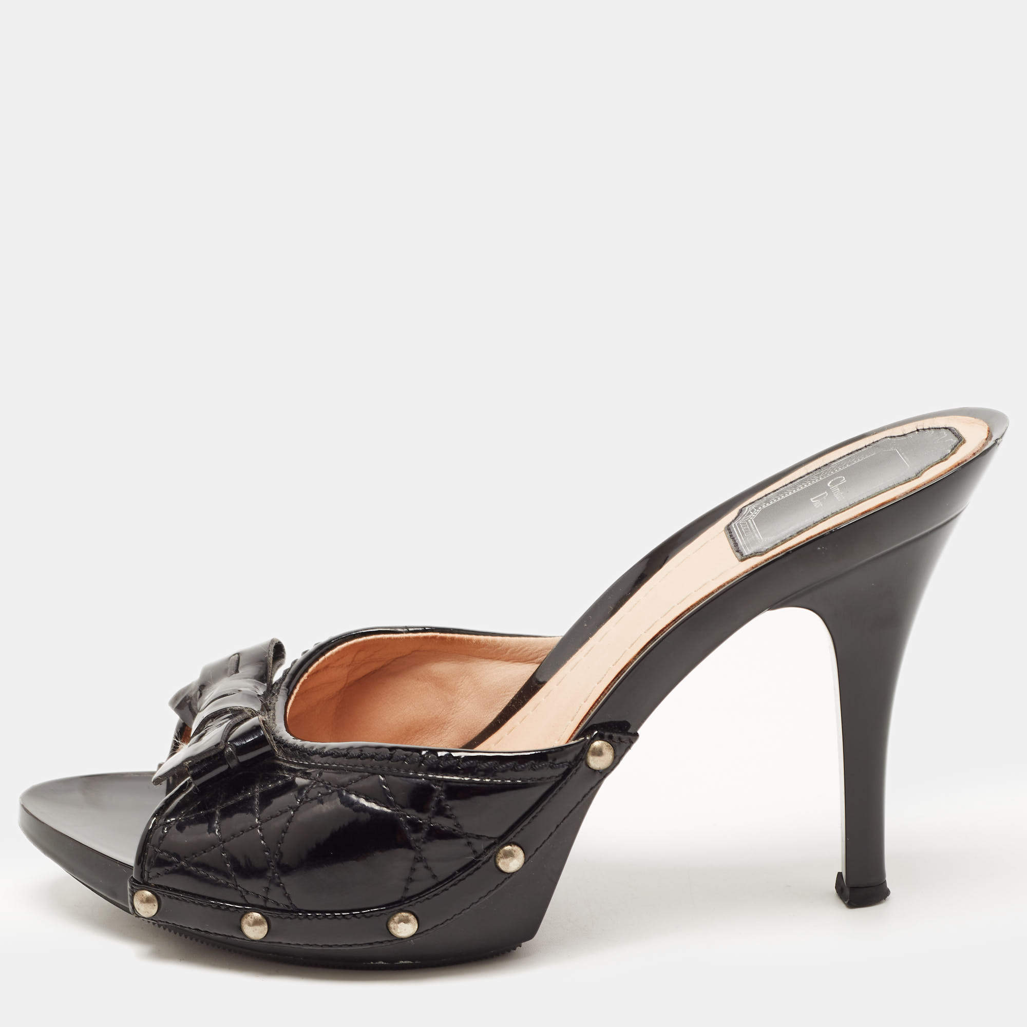 Pre Owned Dior Black Cannage Patent Leather Bow Slide Sandals Size 39