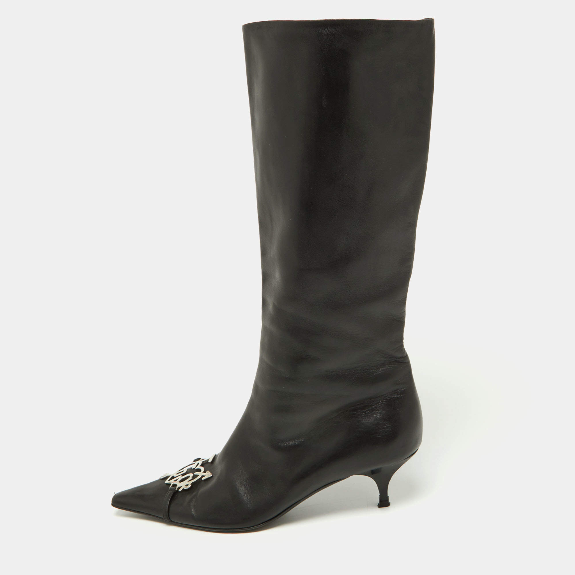 Pre Owned Dior Black Leather Logo Mid Calf Boots Size 39