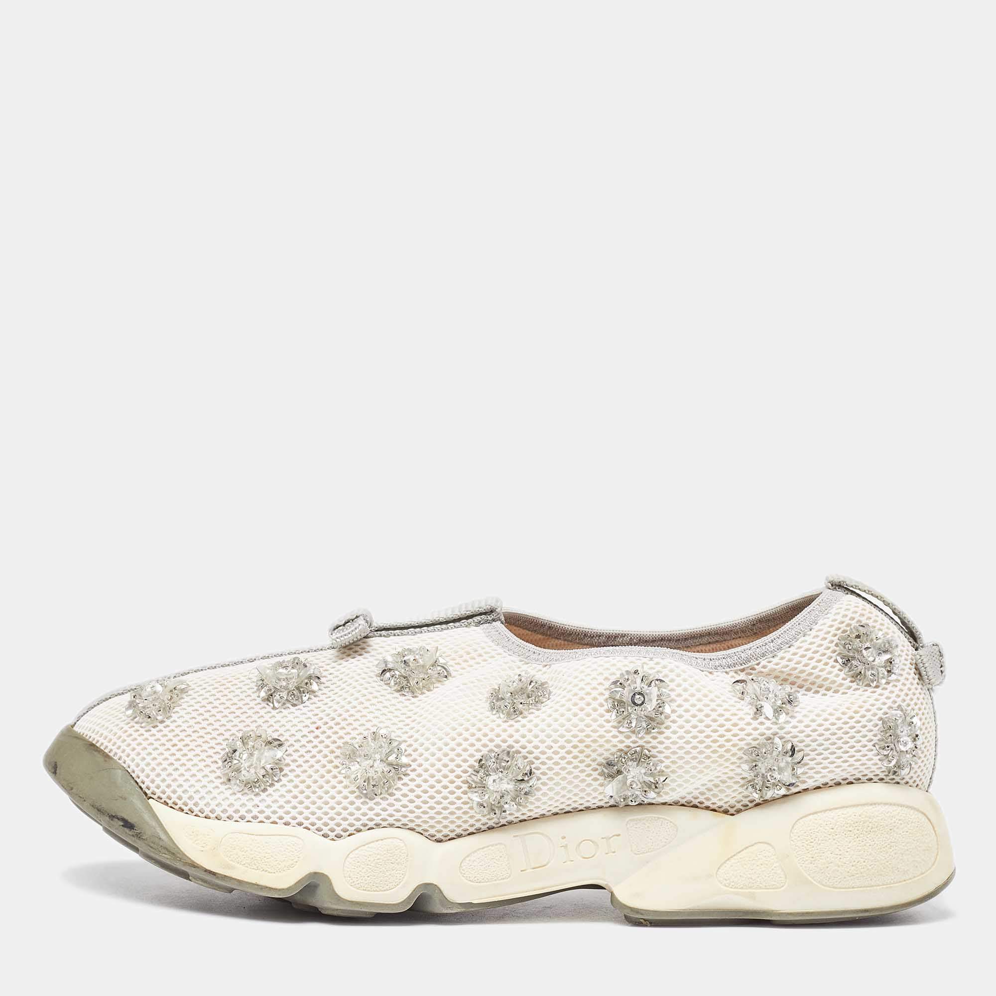 Pre Owned Dior Off White Crystal Embellished Mesh Fusion Sneakers Size 37