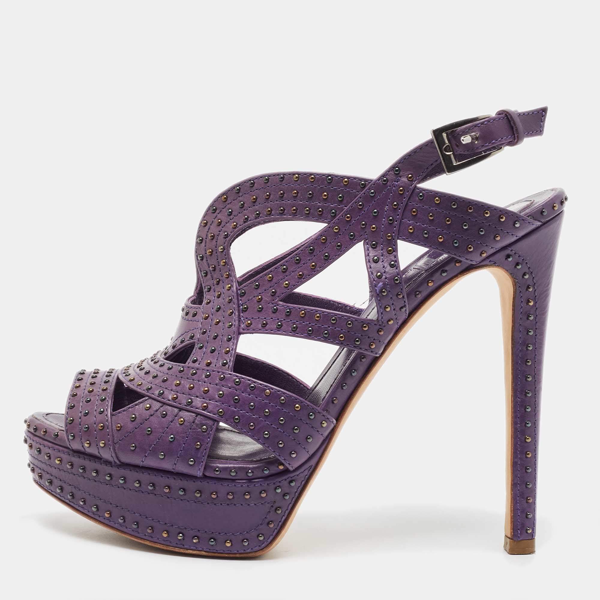 Dior Purple Leather Studded Platform Ankle Strap Sandals Size 38.5