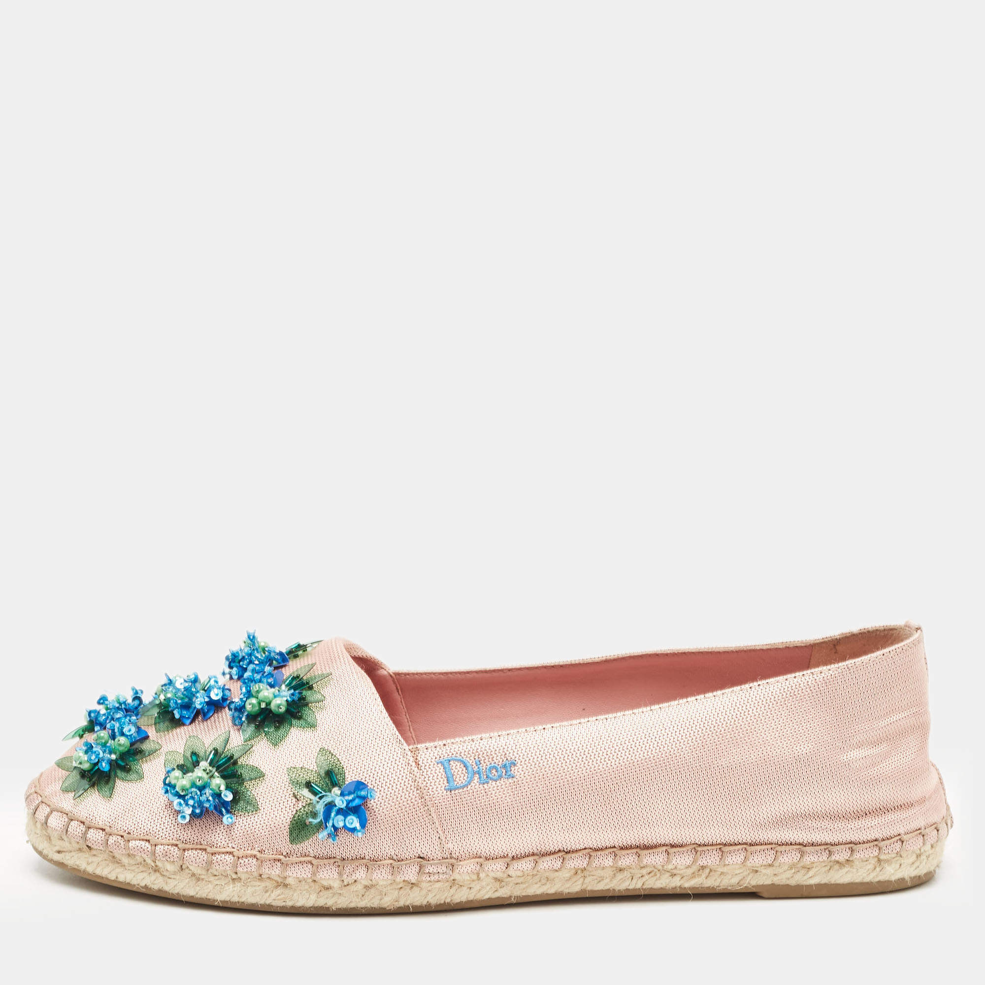 Dior Pink Embellished Fabric Flat Espadrilles Size 38