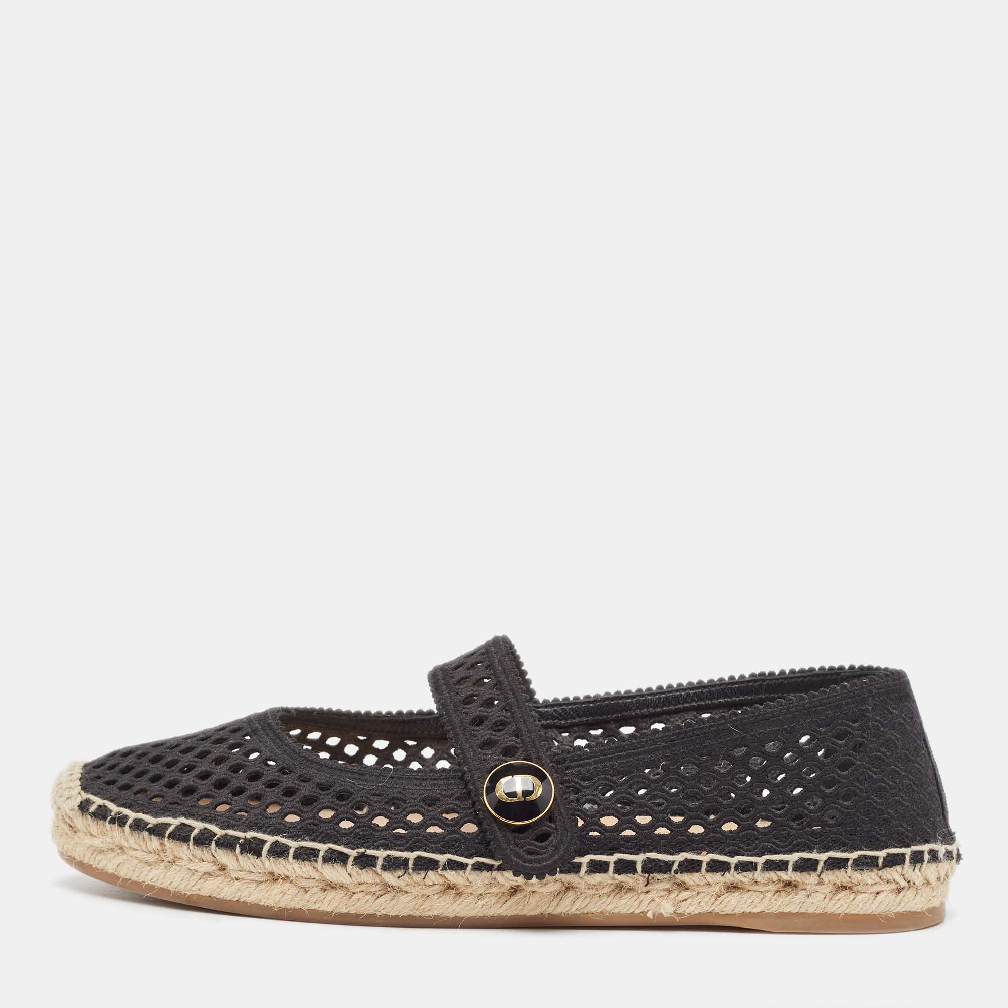 Pre Owned Dior Black Mesh Caro Espadrille Flats Size 38.5