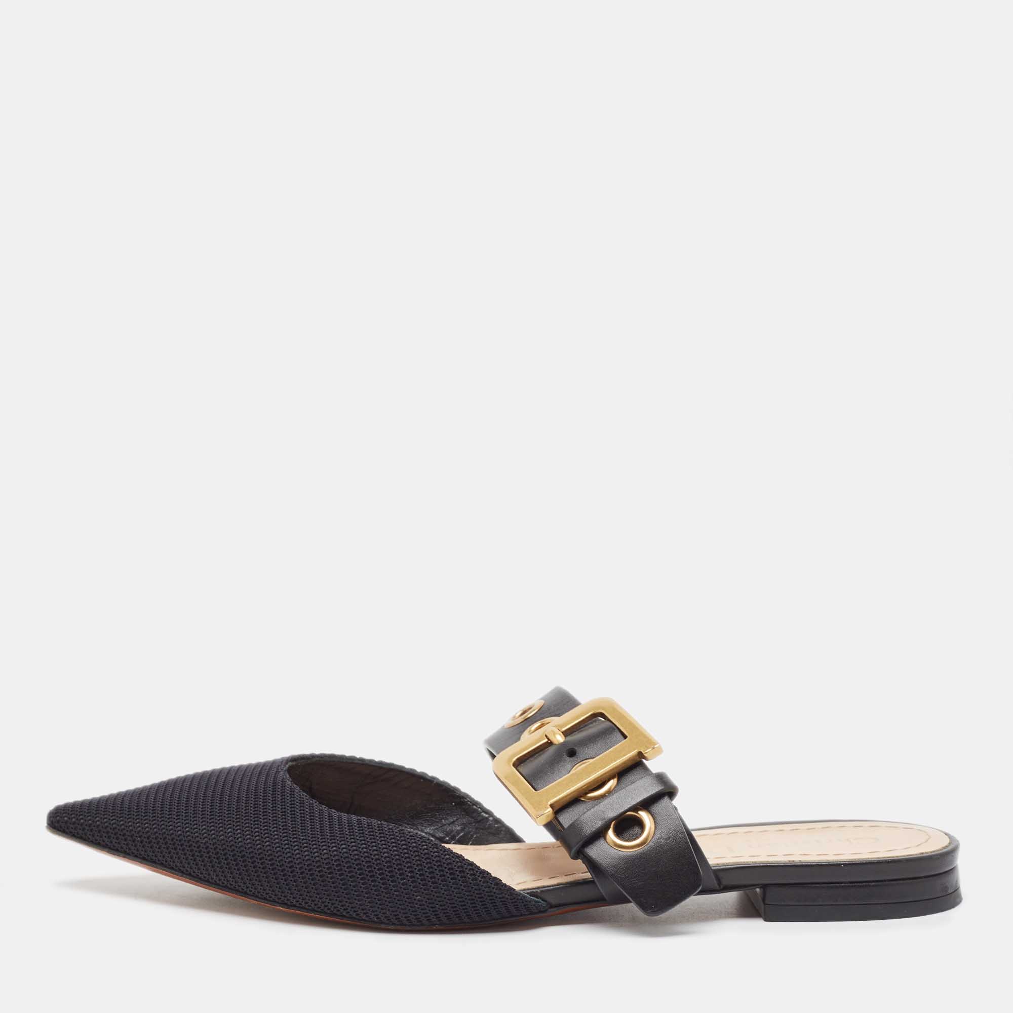 Dior Black Canvas and Leather D-Dior Flat Mules Size 38.5