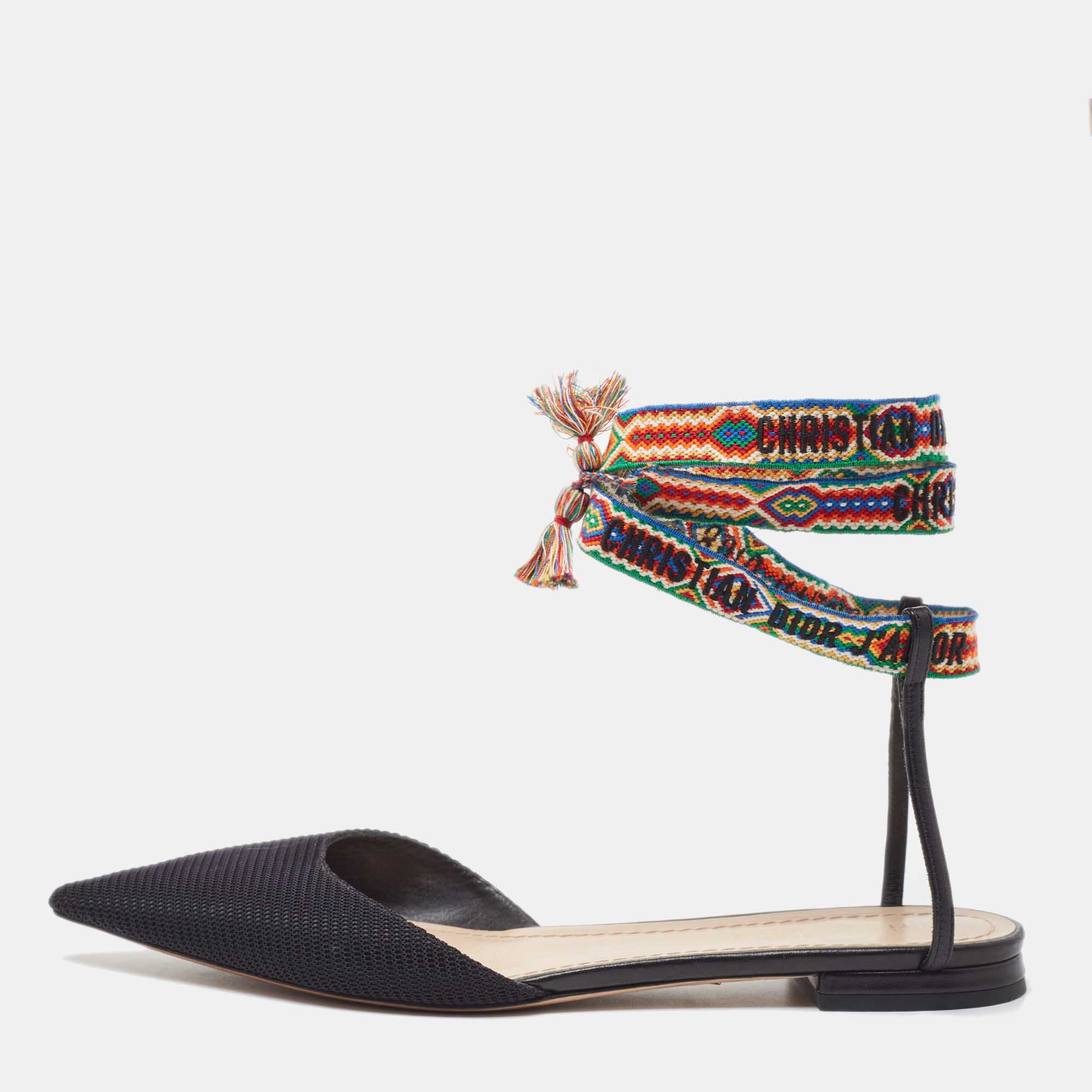 Pre Owned Dior Black Fabric and Leather J'adior Pointed Toe Ankle Wrap Flats Size 39