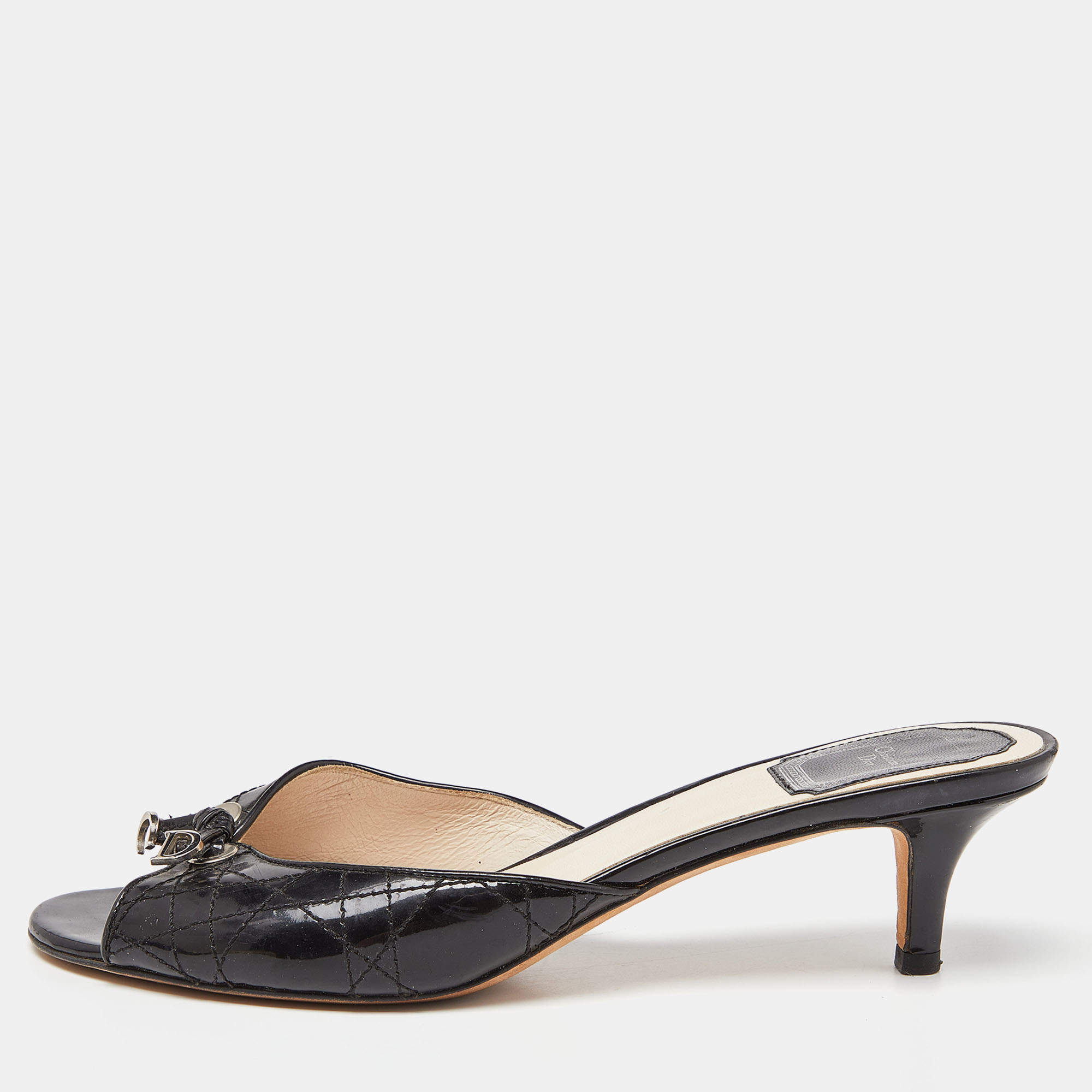 Dior Black Cannage Patent Leather Buckle Open Toe Sandals Size 38.5