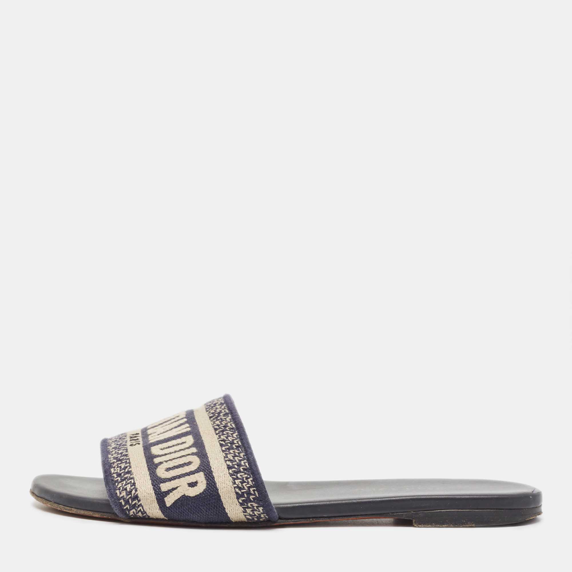 Dior Navy Blue Canvas Dway  Flat Slides Size 35.5 