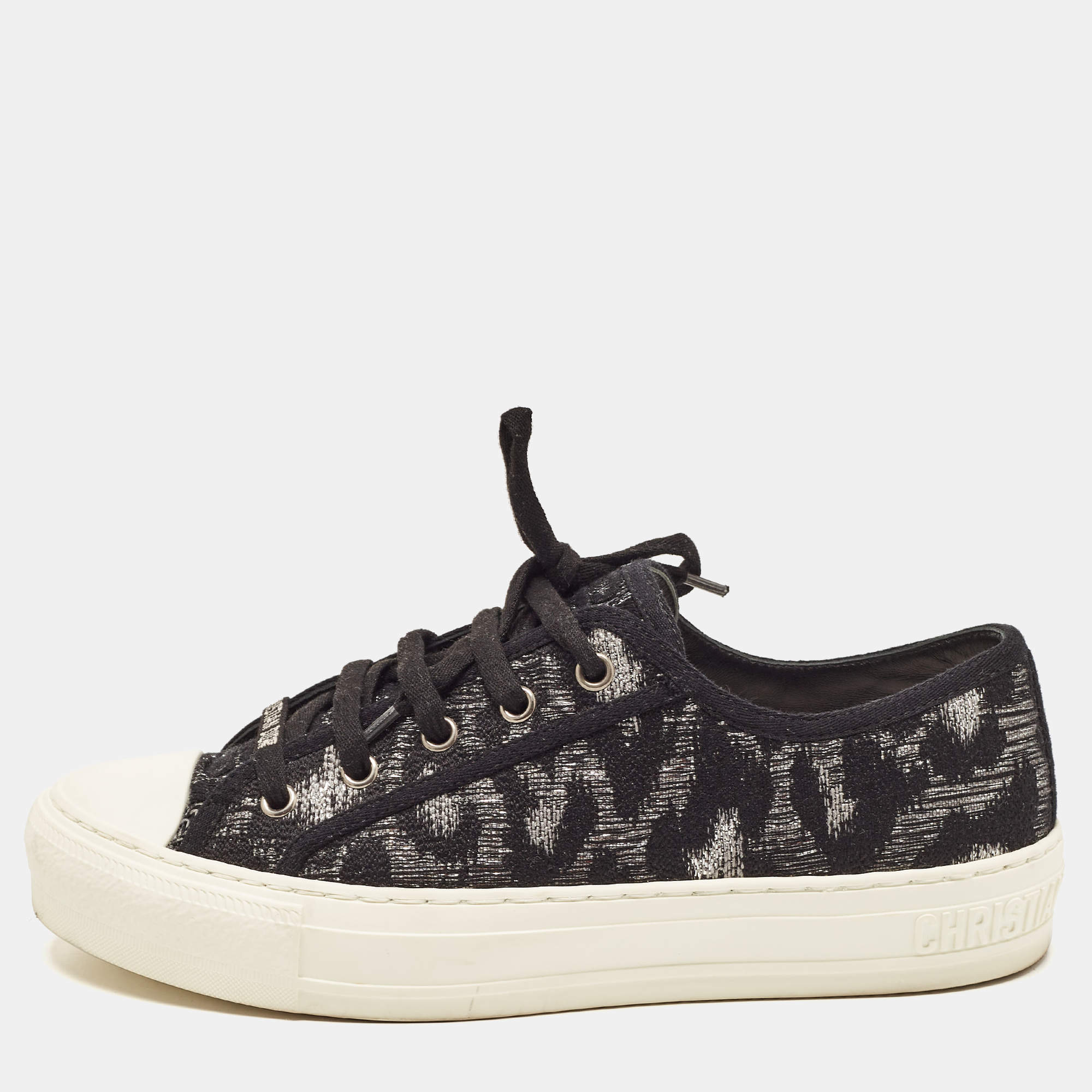 Pre Owned Dior Black/Silver Canvas Walk'n'Dior Low Top Sneakers Size 38.5