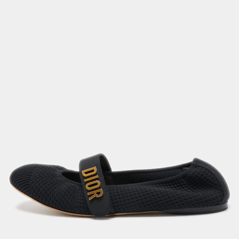 Pre Owned Dior Black Knit Fabric Baby D Mary Jane Flats Size 37