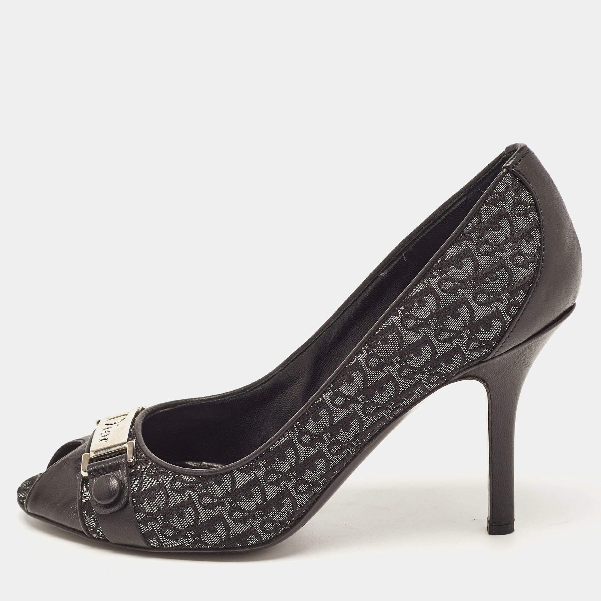 Pre Owned Dior Black/Grey Leather and Canvas Peep Toe Pumps Size 36.5