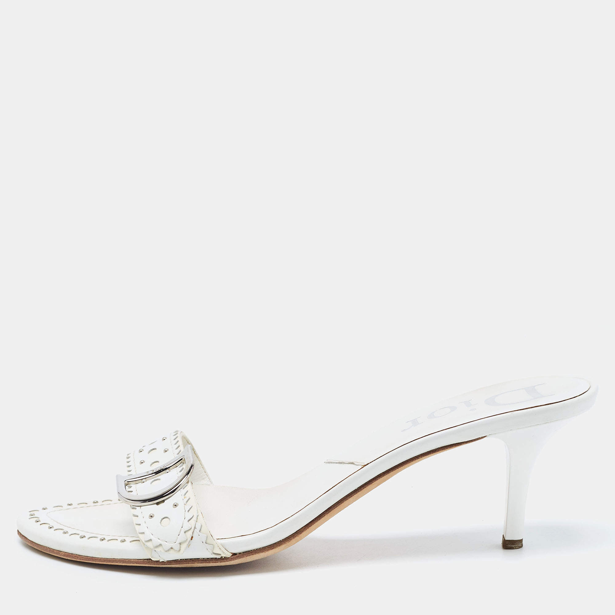Dior White Perforated Leather Logo Slide Sandals Size 37