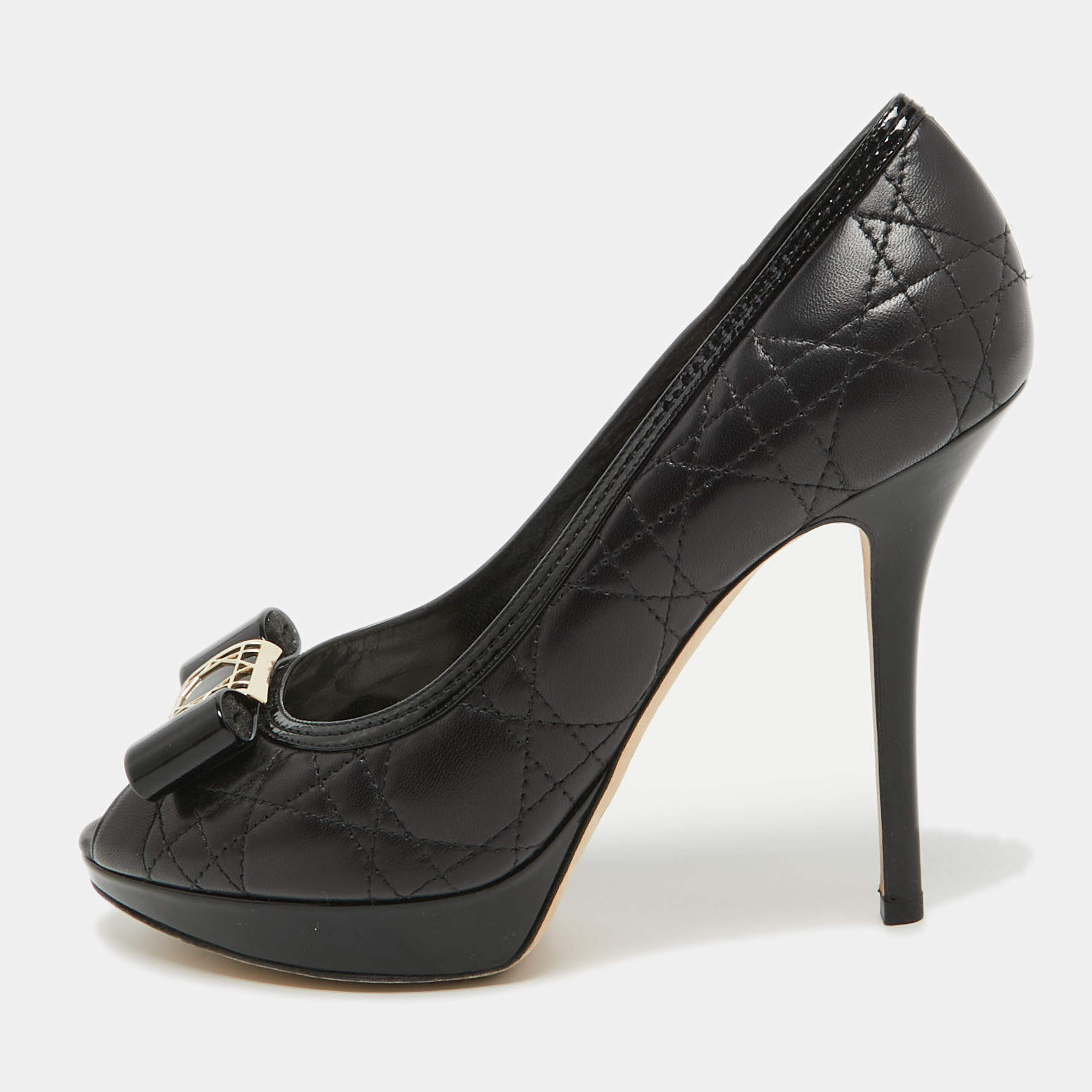 Pre Owned Dior Black Cannage Leather Bow Peep Toe Pumps Size 39