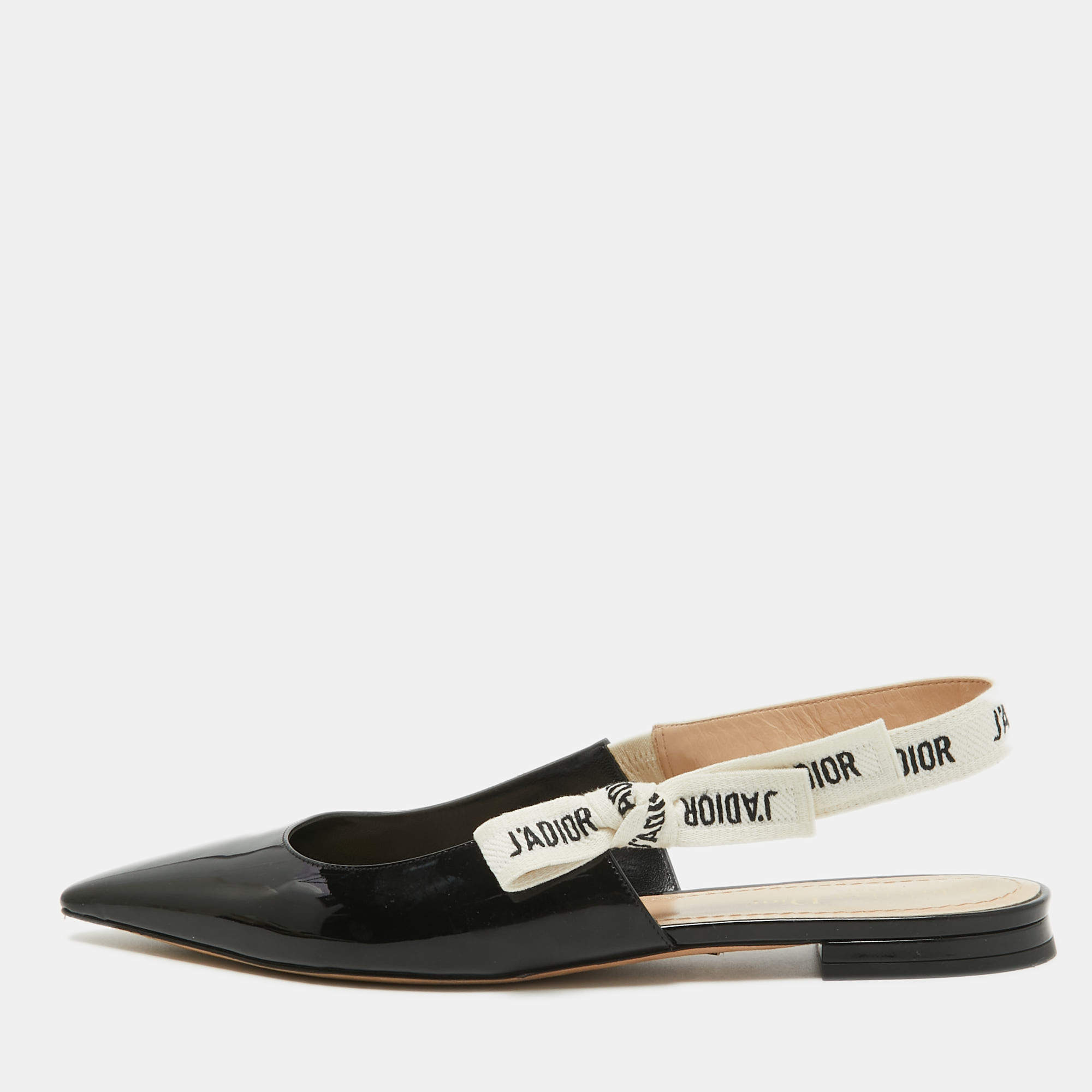 Dior Black Patent Leather J'adior Slingback Flat Sandals Size 40.5