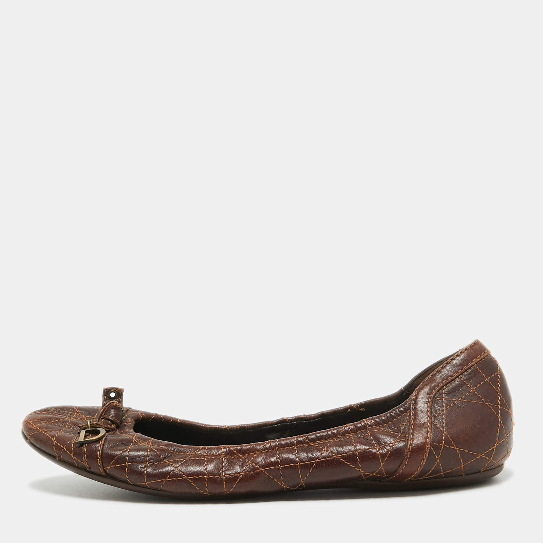 Dior Brown Cannage Leather CD Bow Ballet Flats Size 39