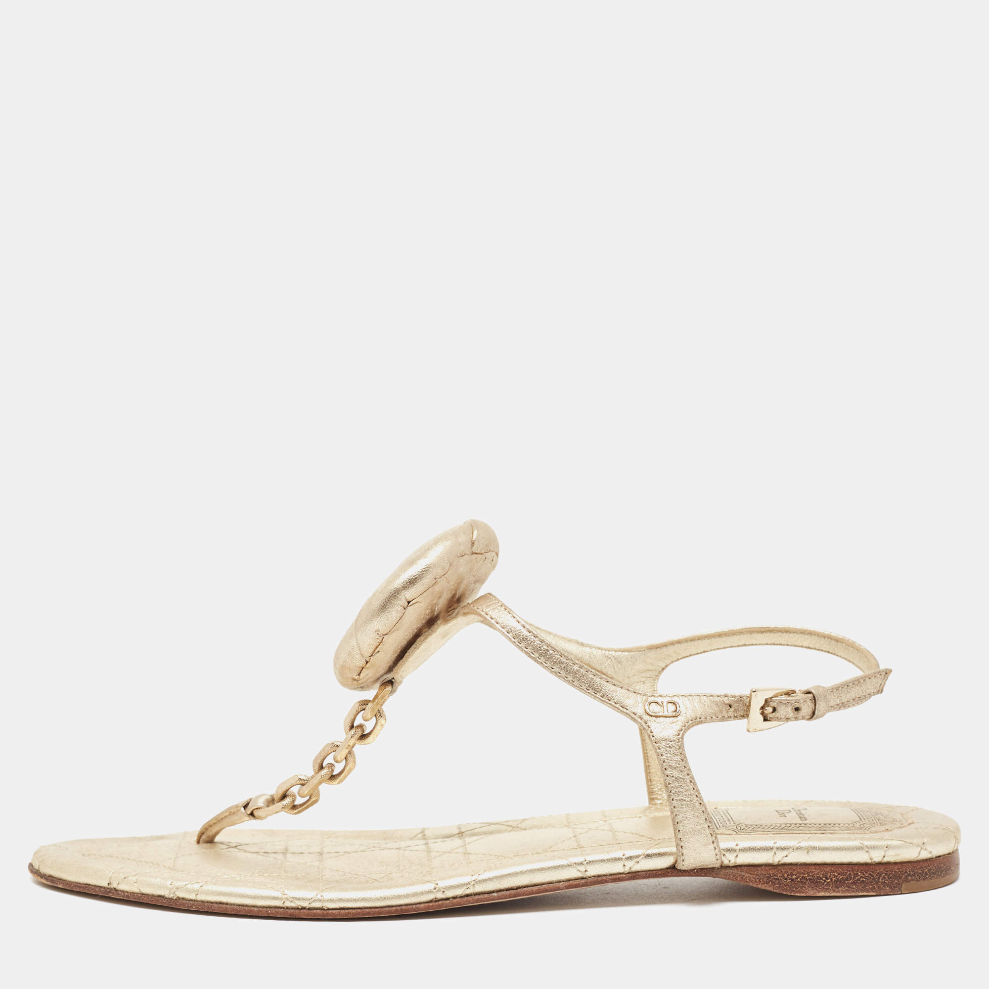 Dior Gold Leather Chain Link T-Strap Flat Sandals Size 39
