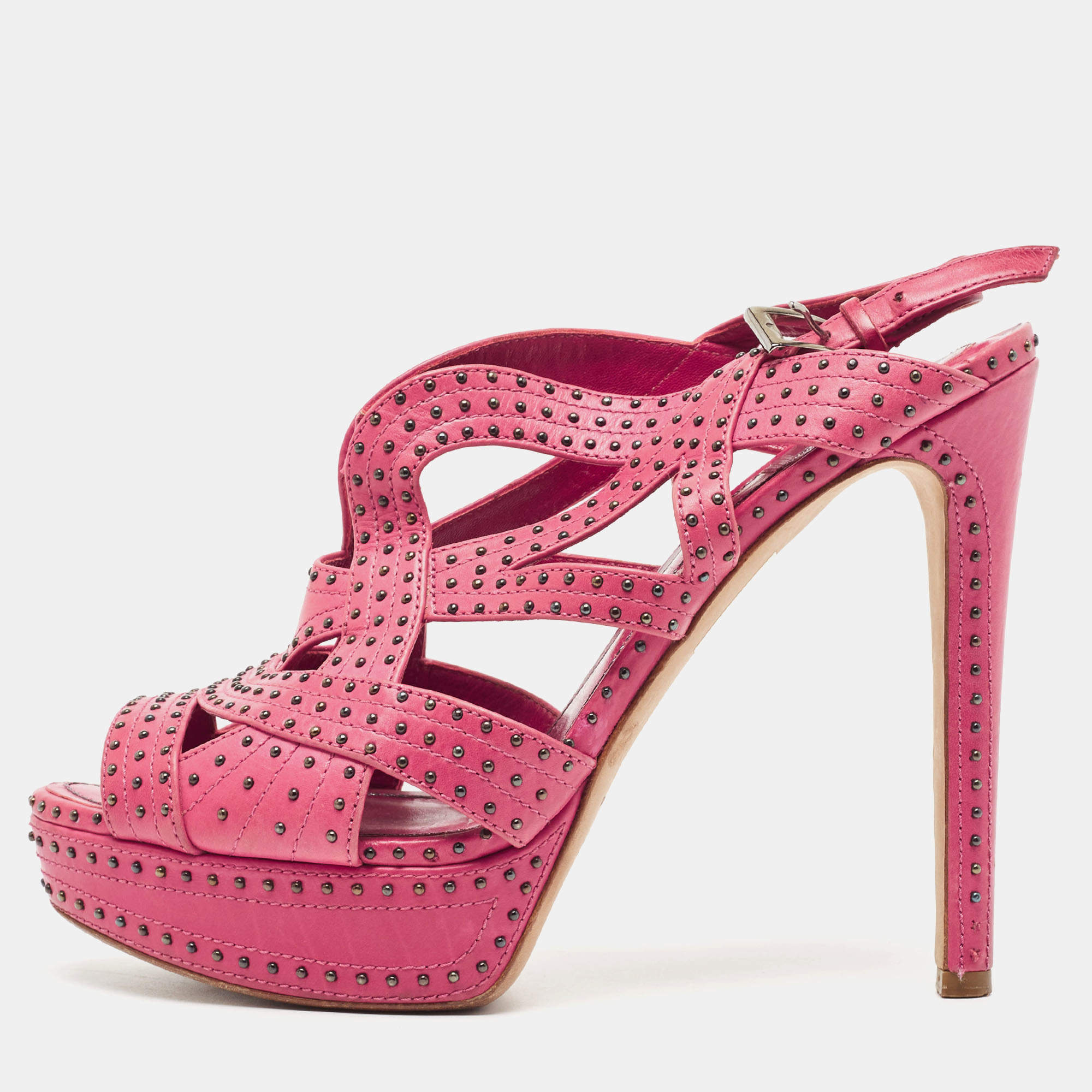 Pre Owned Dior Pink Studded Leather Platform Strappy Sandals Size 40