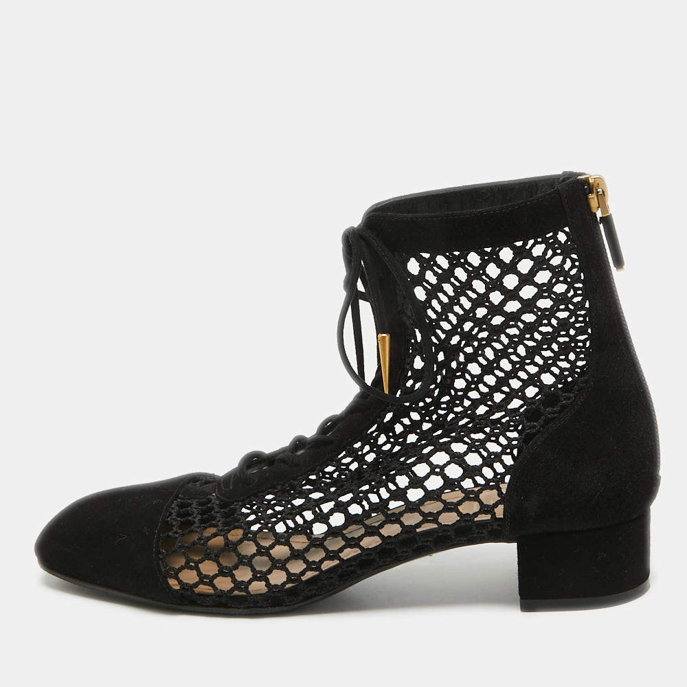 Dior Black Mesh and Suede Naughtily D Ankle Boots Size 37.5