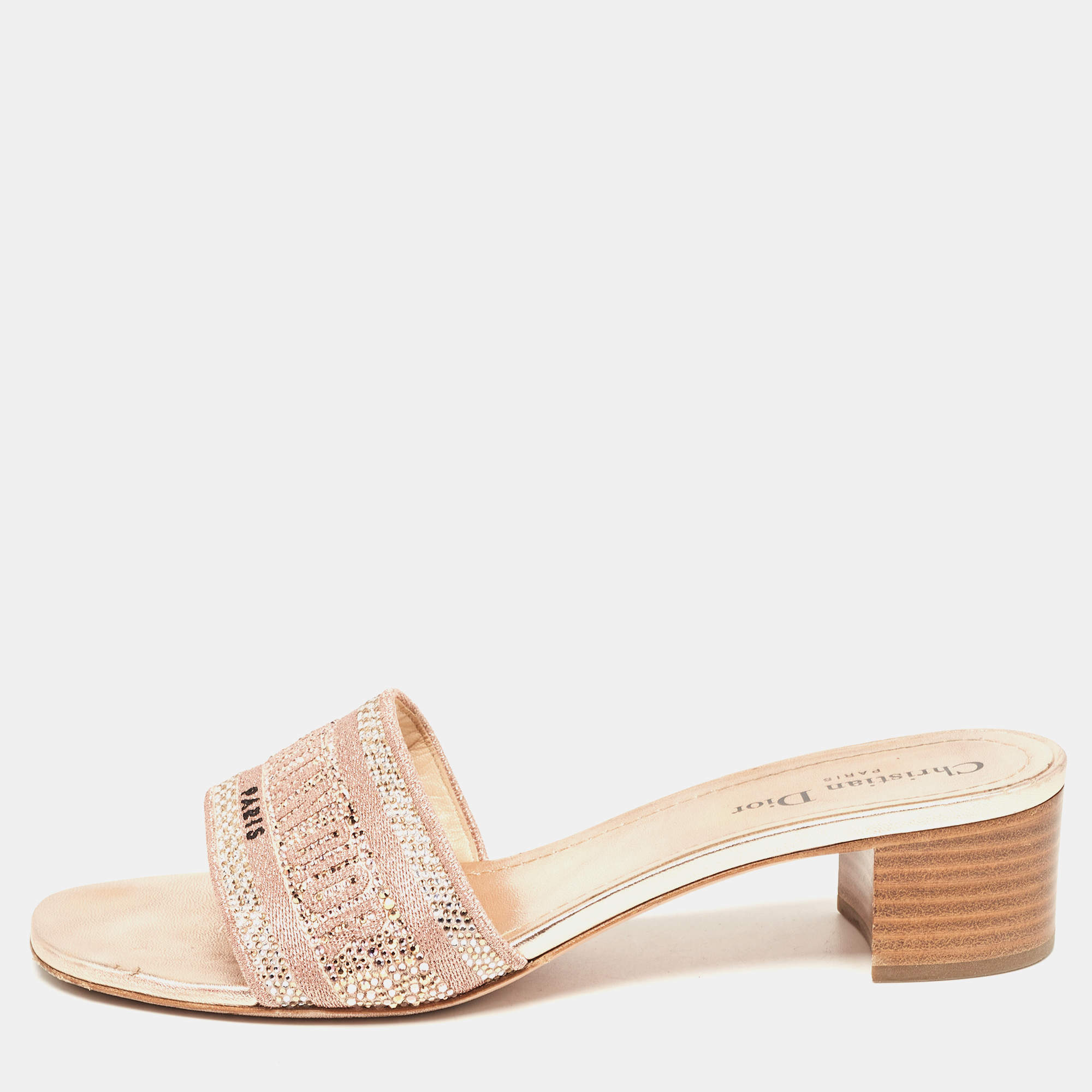 Dior Rose Gold Embroidered Logo Canvas Crystal Embellished Dway Slide Sandals Size 40.5
