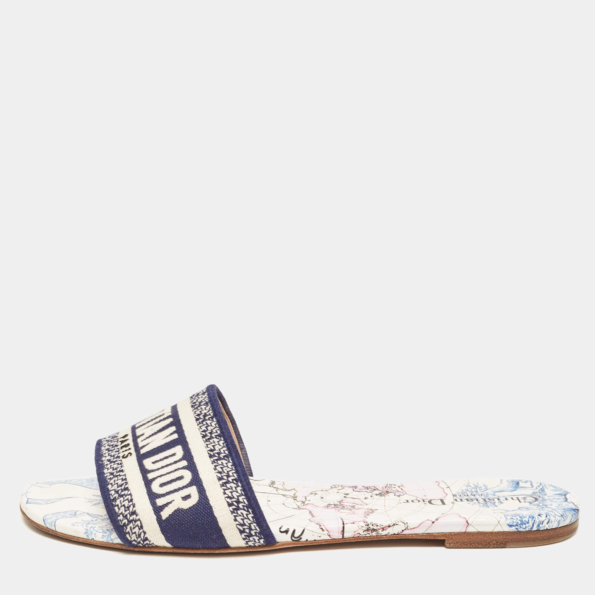 Pre Owned Dior Navy Blue/White Embroidered Logo Canvas Dway Flat Slides Size 41