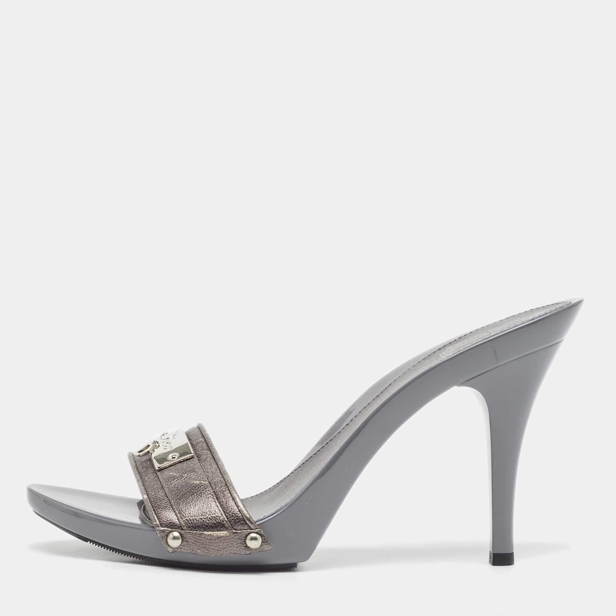 Dior Metallic Leather Diorissimo Slide Sandals Size 40