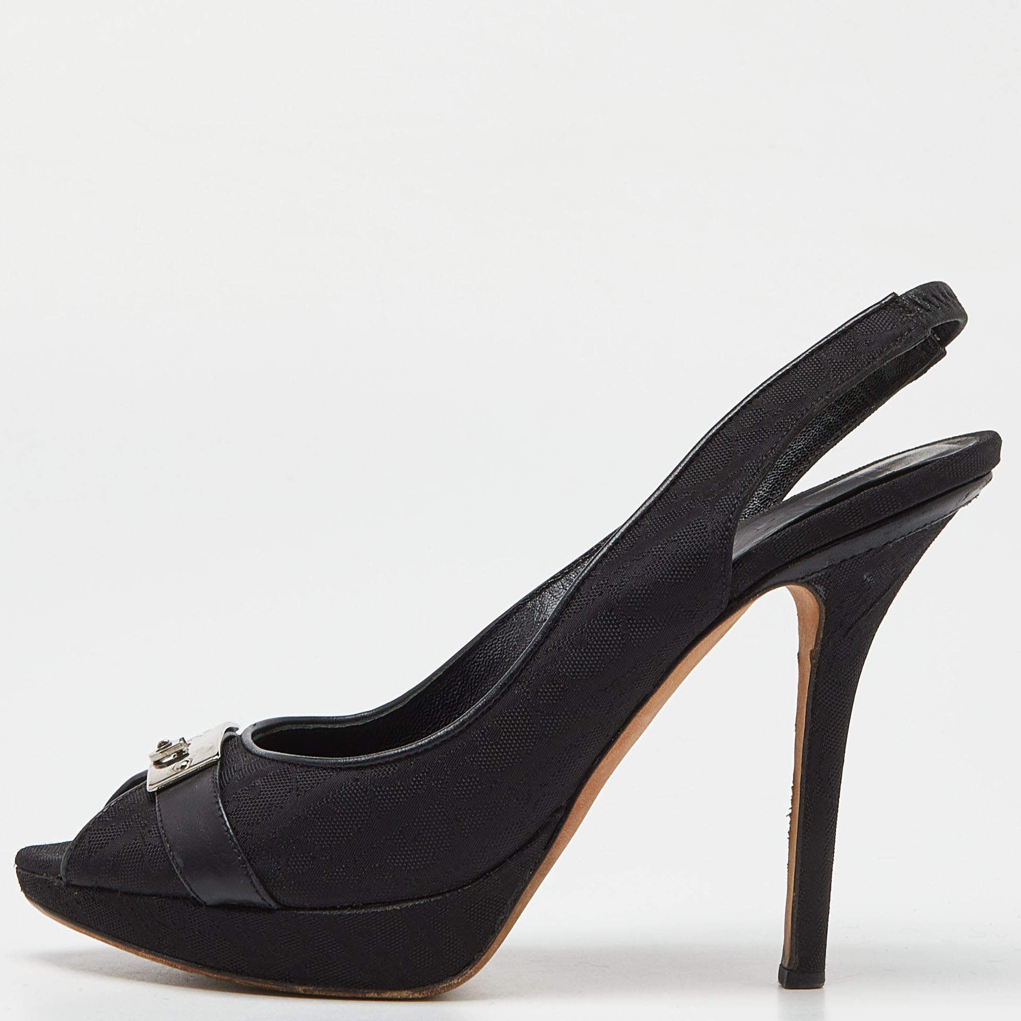 Dior Black Oblique Fabric Peep Toe Platform Slingback Pumps Size 36