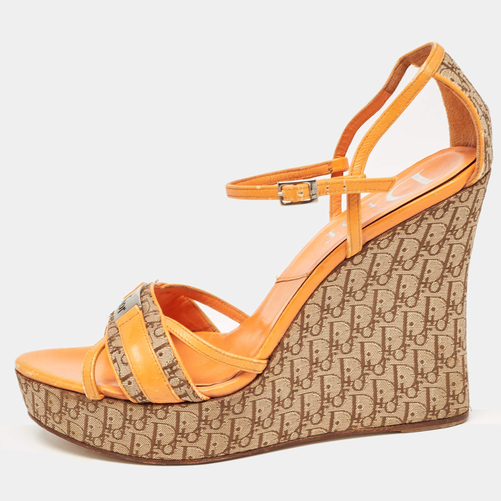 Dior Orange Leather and Canvas Diorissimo Wedge Sandals Size 39