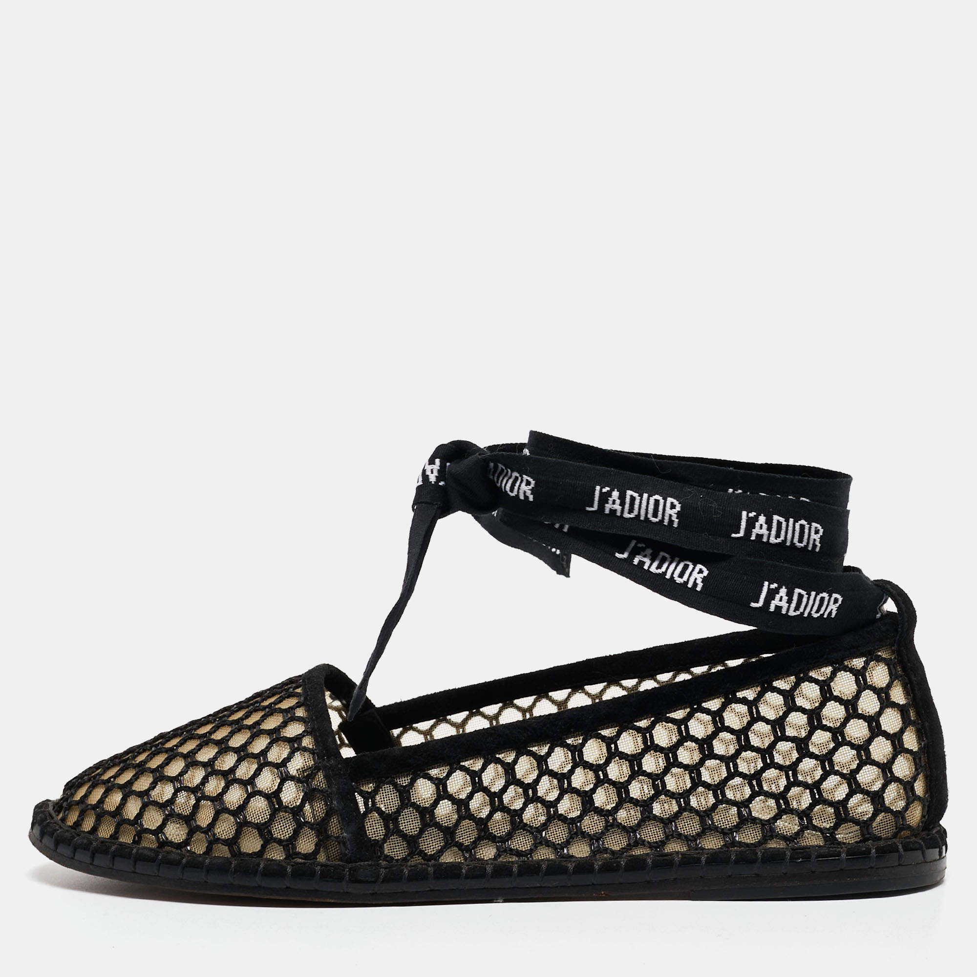 Dior Black Mesh and Suede Nicely D Ankle Wrap Ballet Flats Size 36