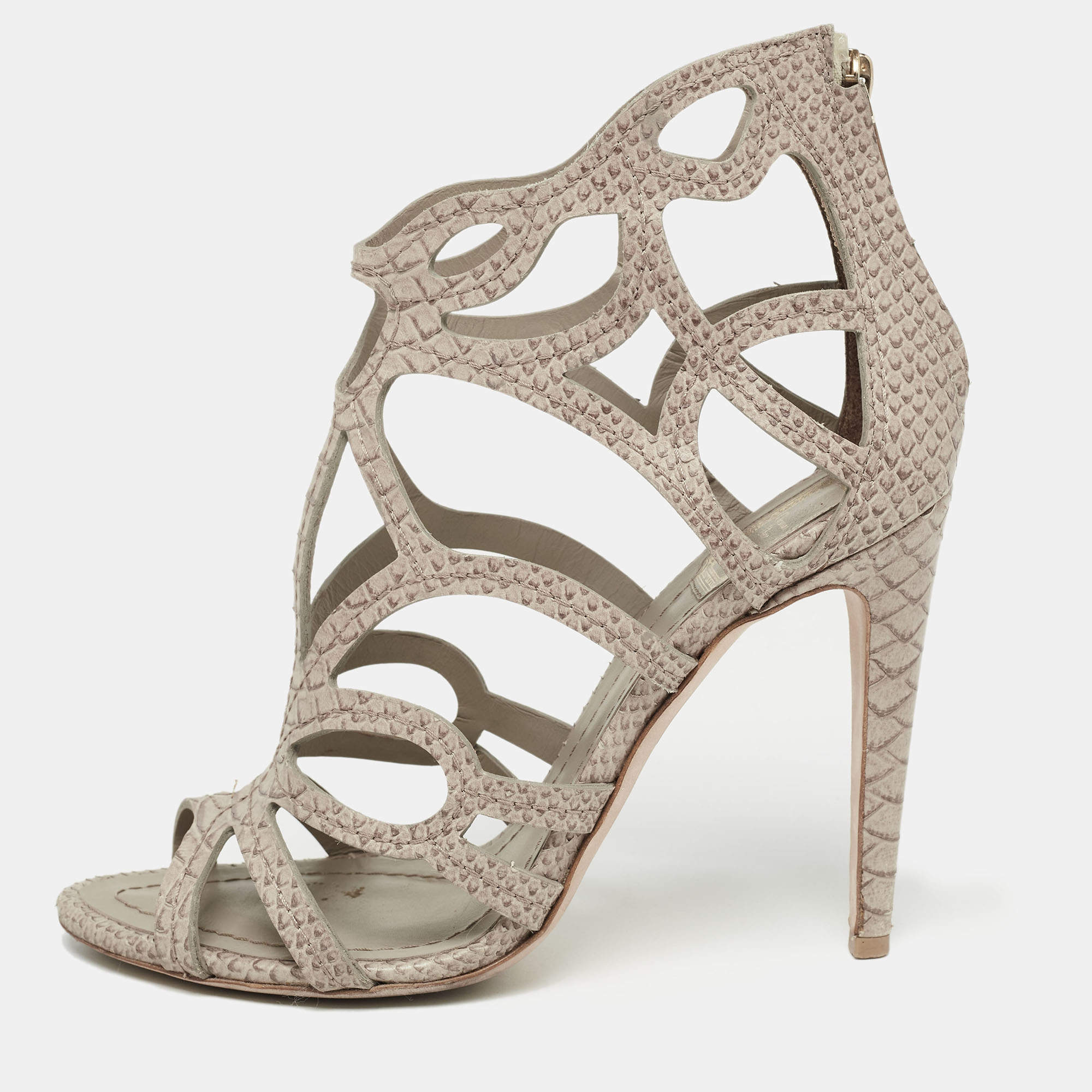Dior Grey Python Embossed Leather Paradis Cutout Sandals Size 39.5