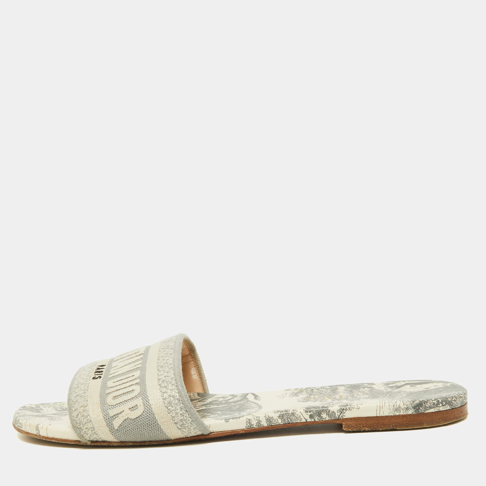 Dior Grey Canvas Dway Flat Slides Size 38.5