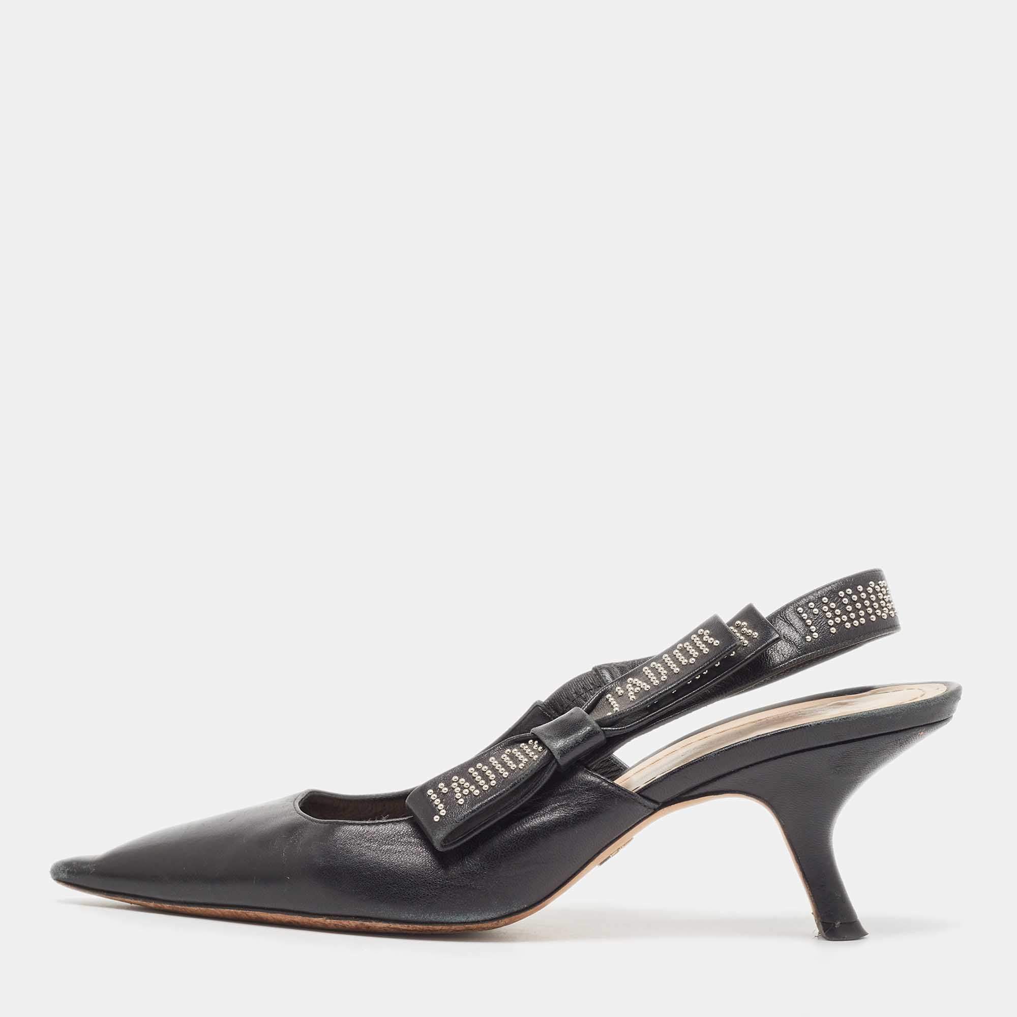 Pre Owned Dior Black Leather Studded J'adior Slingback Pumps Size 40.5